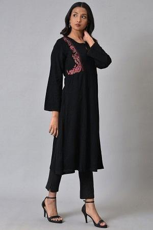 Black Embroidered Flared Winter kurta - Image 4