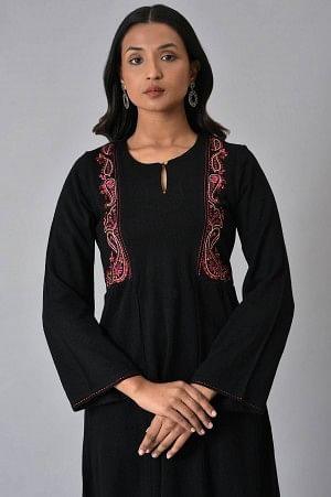 Black Embroidered Flared Winter kurta - Image 5