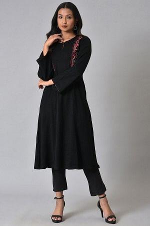 Black Embroidered Flared Winter kurta - Image 6
