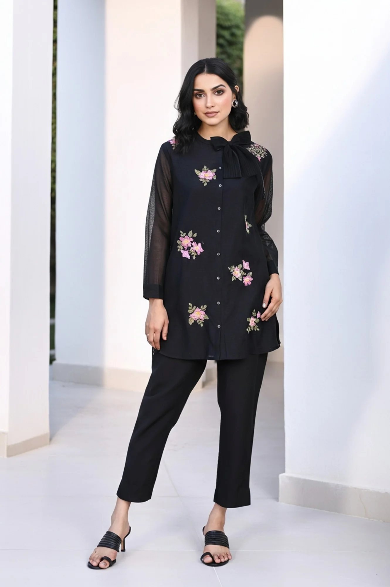 Black Embroidered Floral Thread Work Straight Kota Tunic - Image 2