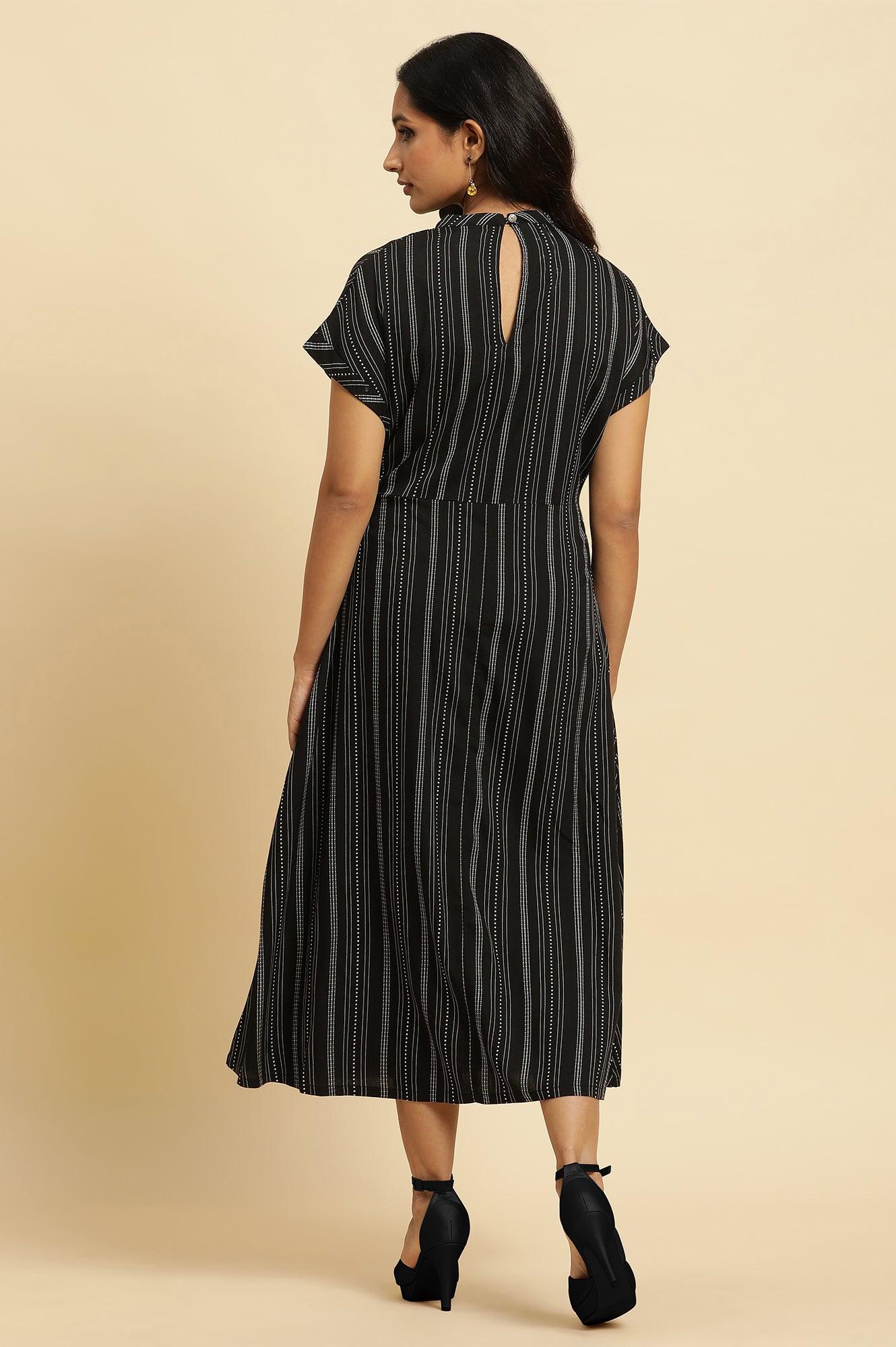 Black Embroidered Neck Stripe Western Dress - Image 4