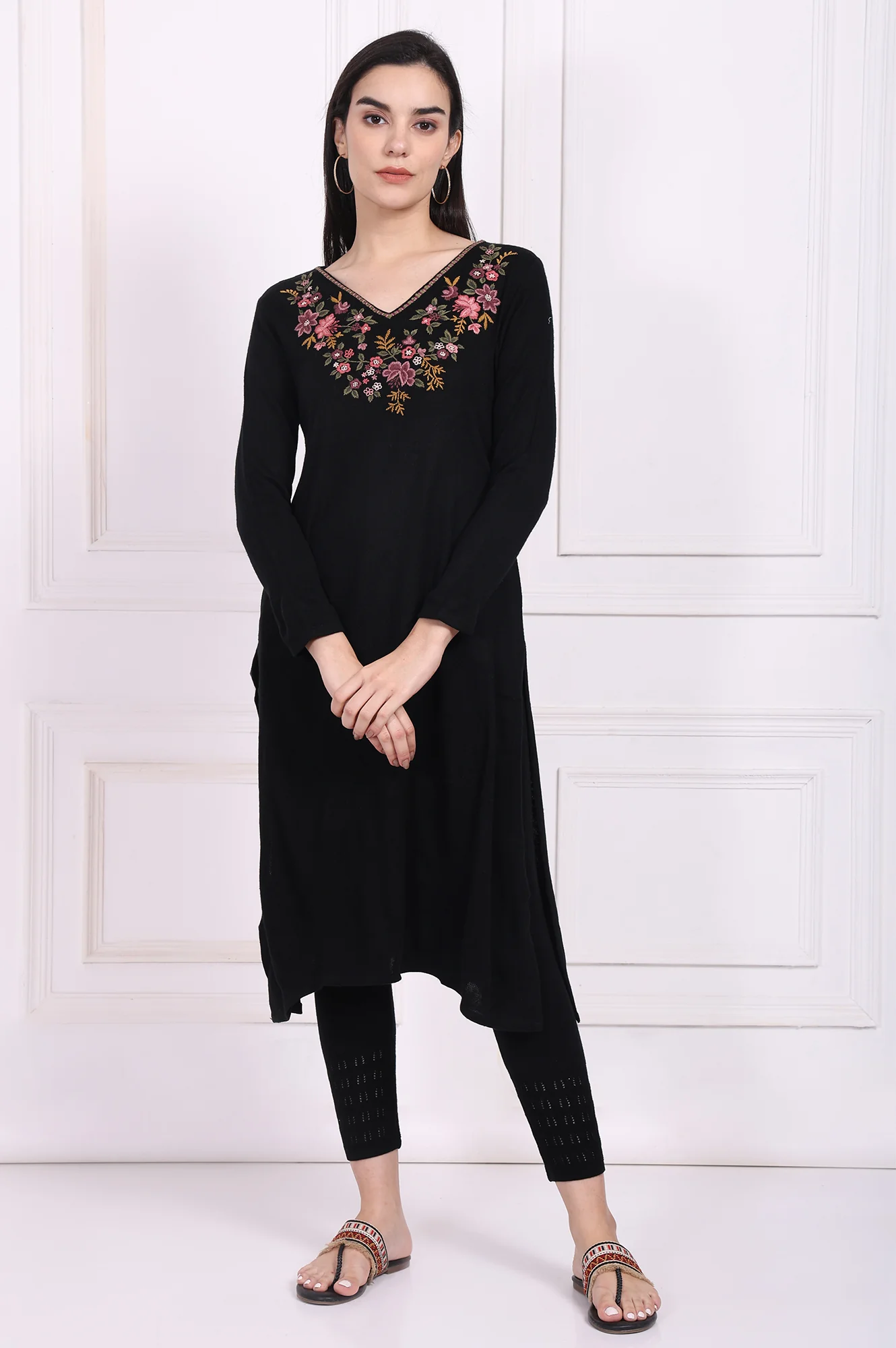Black Embroidered Straight Acrylic Winter Kurta - Image 2