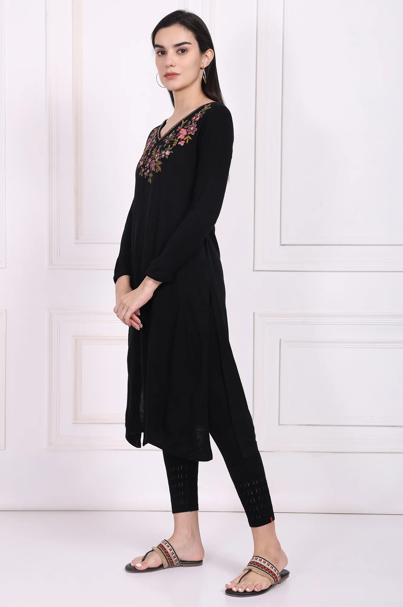 Black Embroidered Straight Acrylic Winter Kurta - Image 4