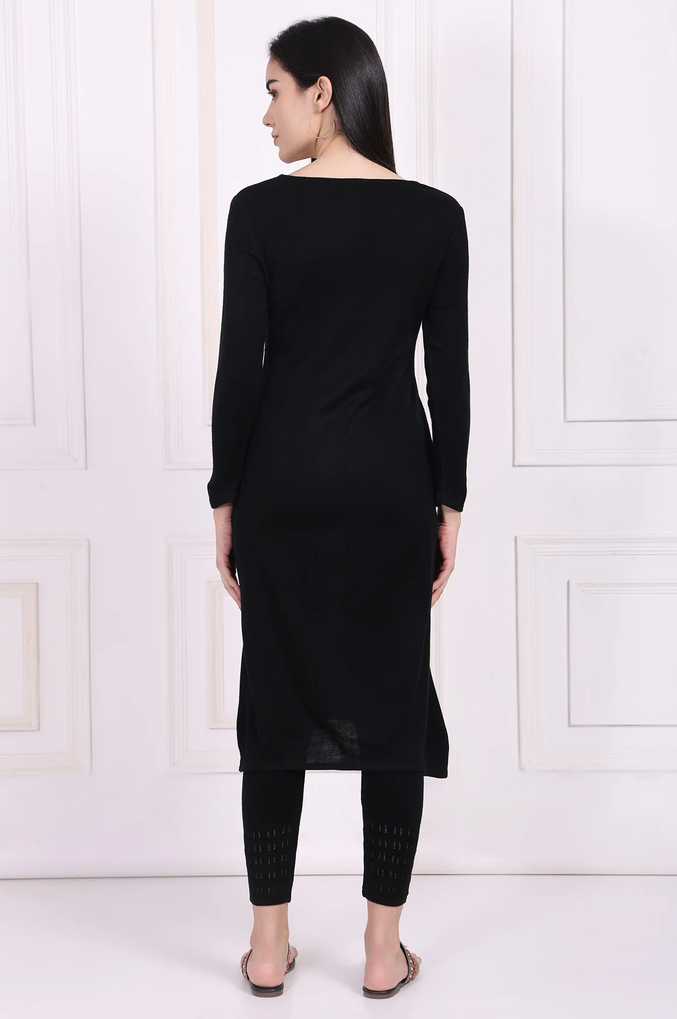 Black Embroidered Straight Acrylic Winter Kurta - Image 5