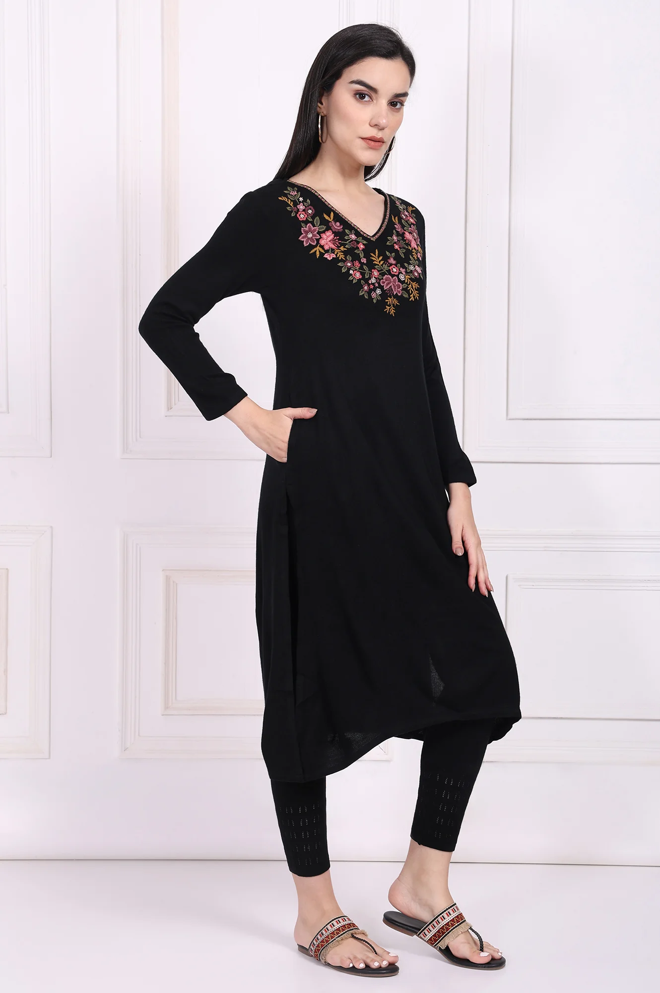 Black Embroidered Straight Acrylic Winter Kurta - Image 6
