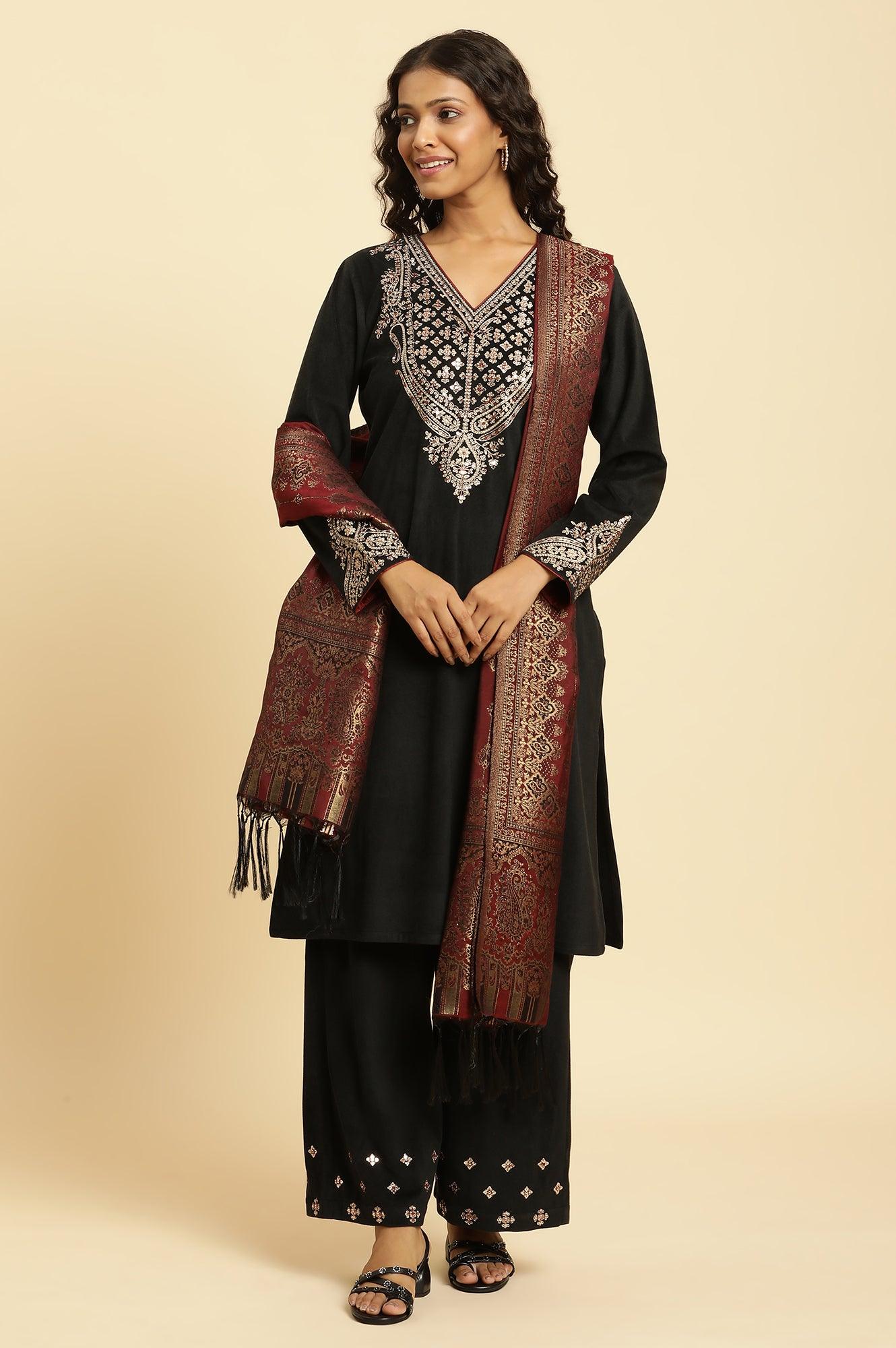 Black Embroidered Velvet Winter Kurta, Pants And Shawl Set - Image 2