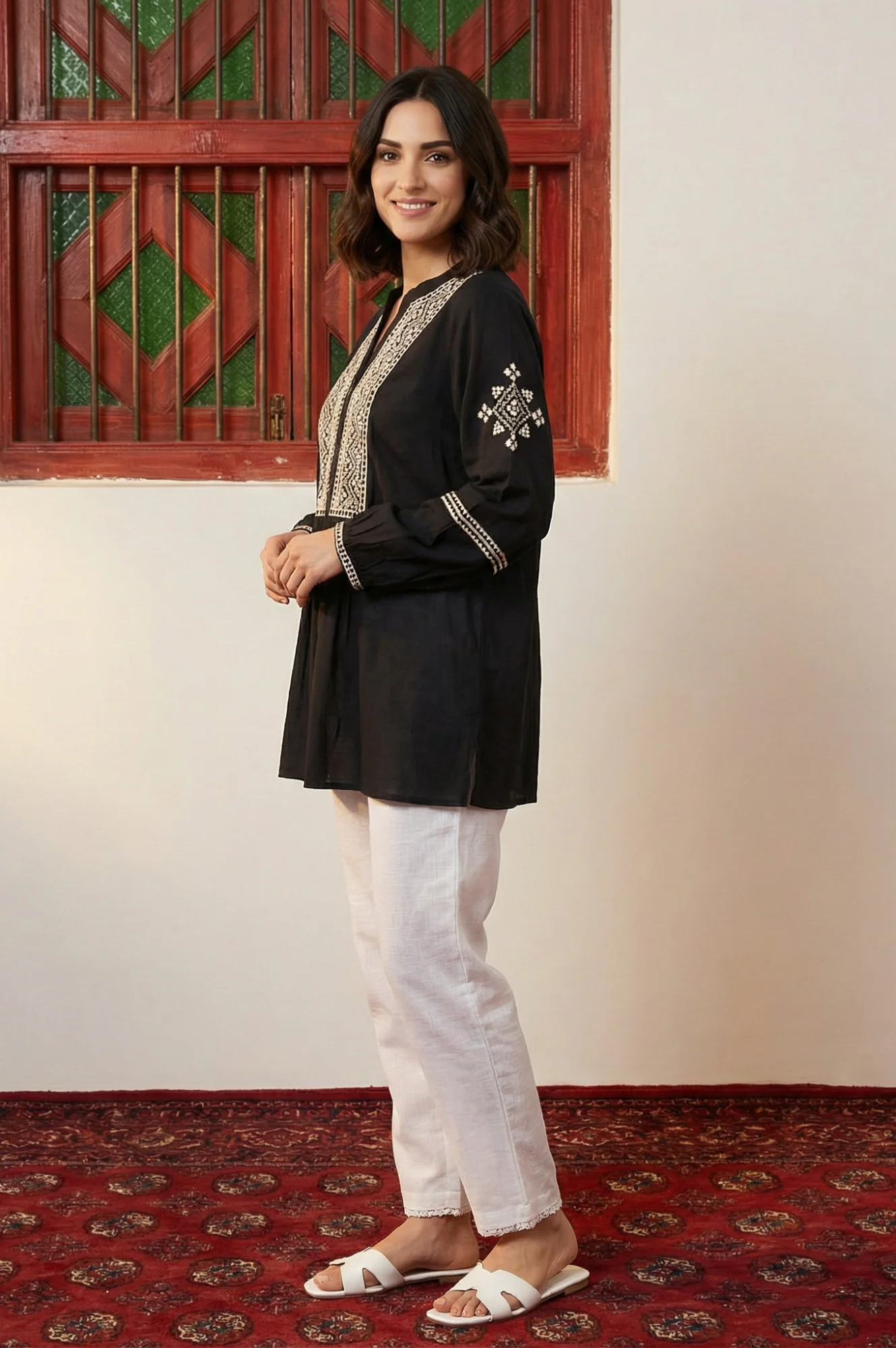 Black Ethnic Motifs Embroidered Straight Top - Image 3