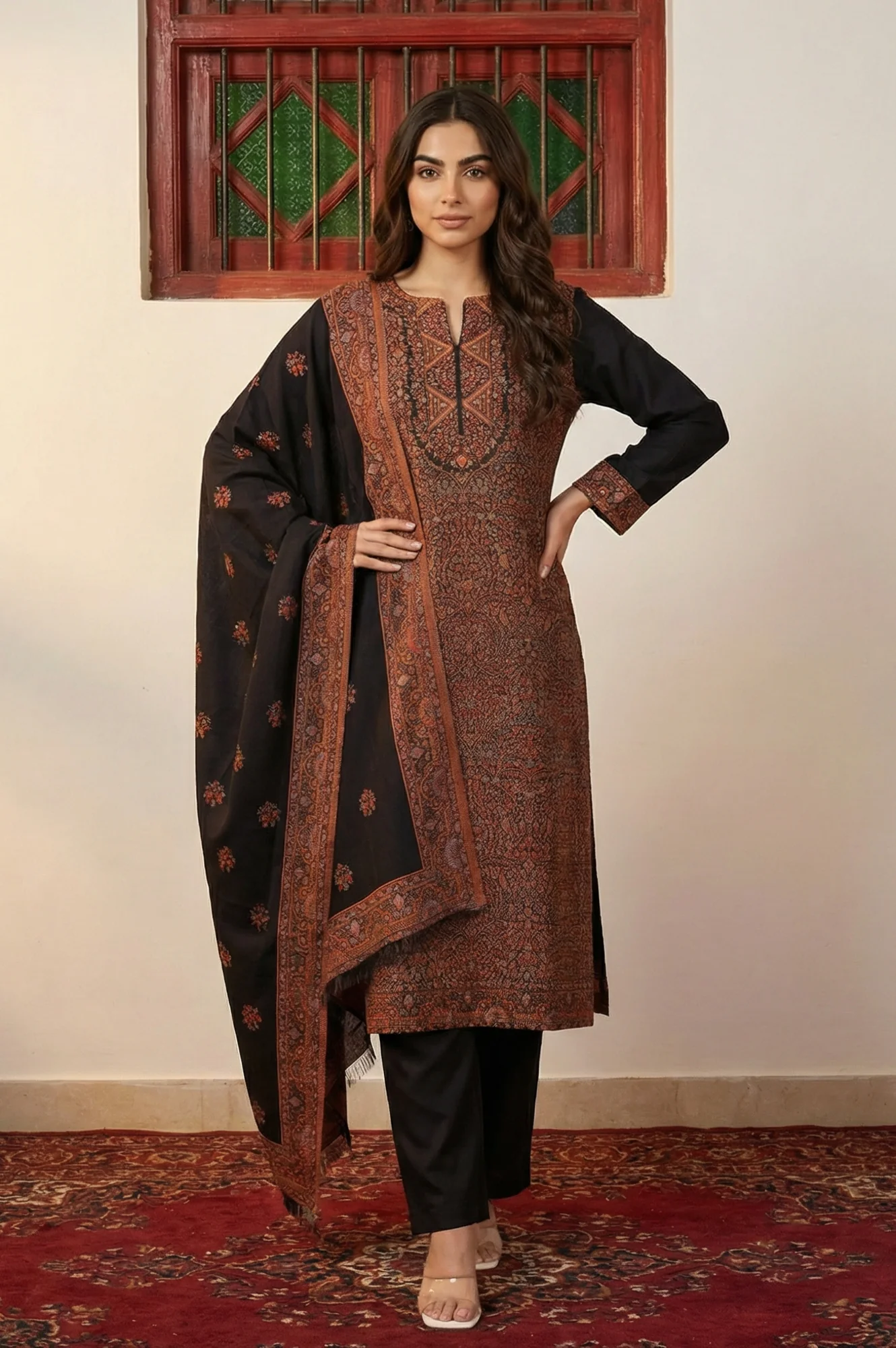 Black Ethnic Motifs Jacquard Straight Kurta with Pants and Dupatta Set