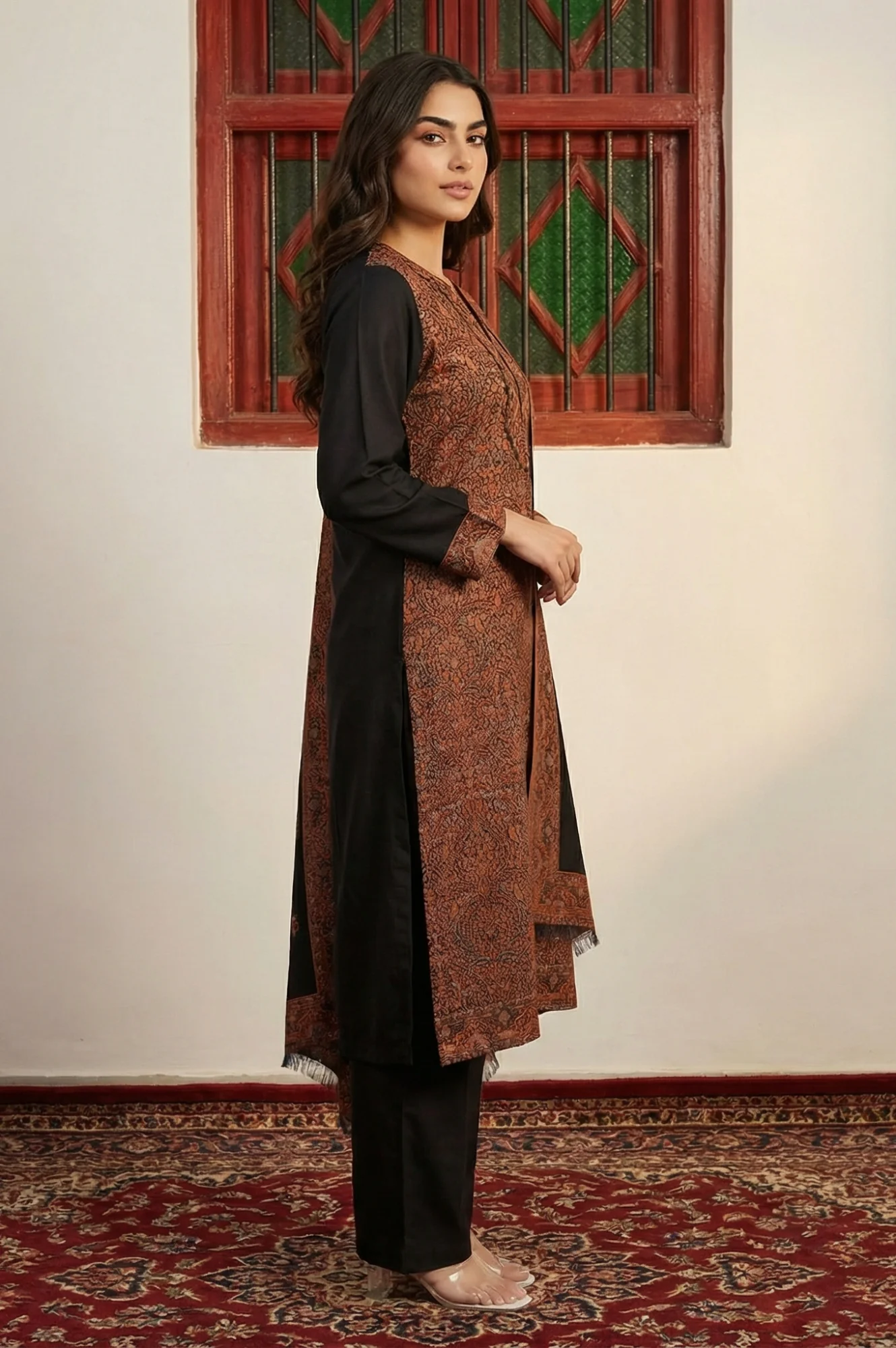 Black Ethnic Motifs Jacquard Straight Kurta with Pants and Dupatta Set - Image 3