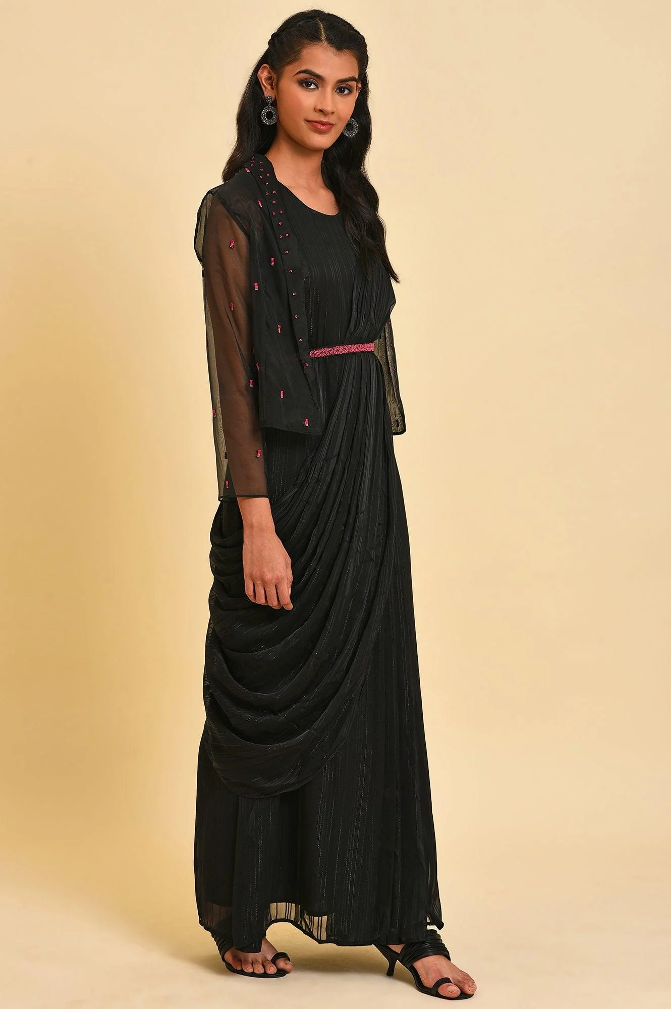 Black Festive Predrape Saree With Short Jacket - Image 4