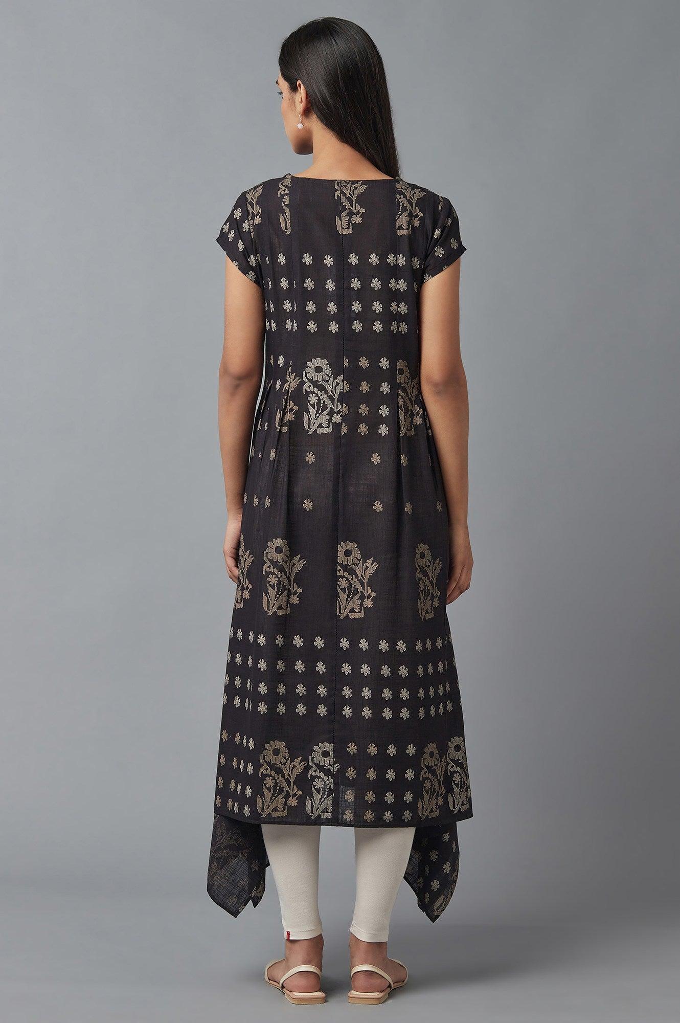 Black Flared kurta In Floral Print and Side Dipped Hemline - Image 2