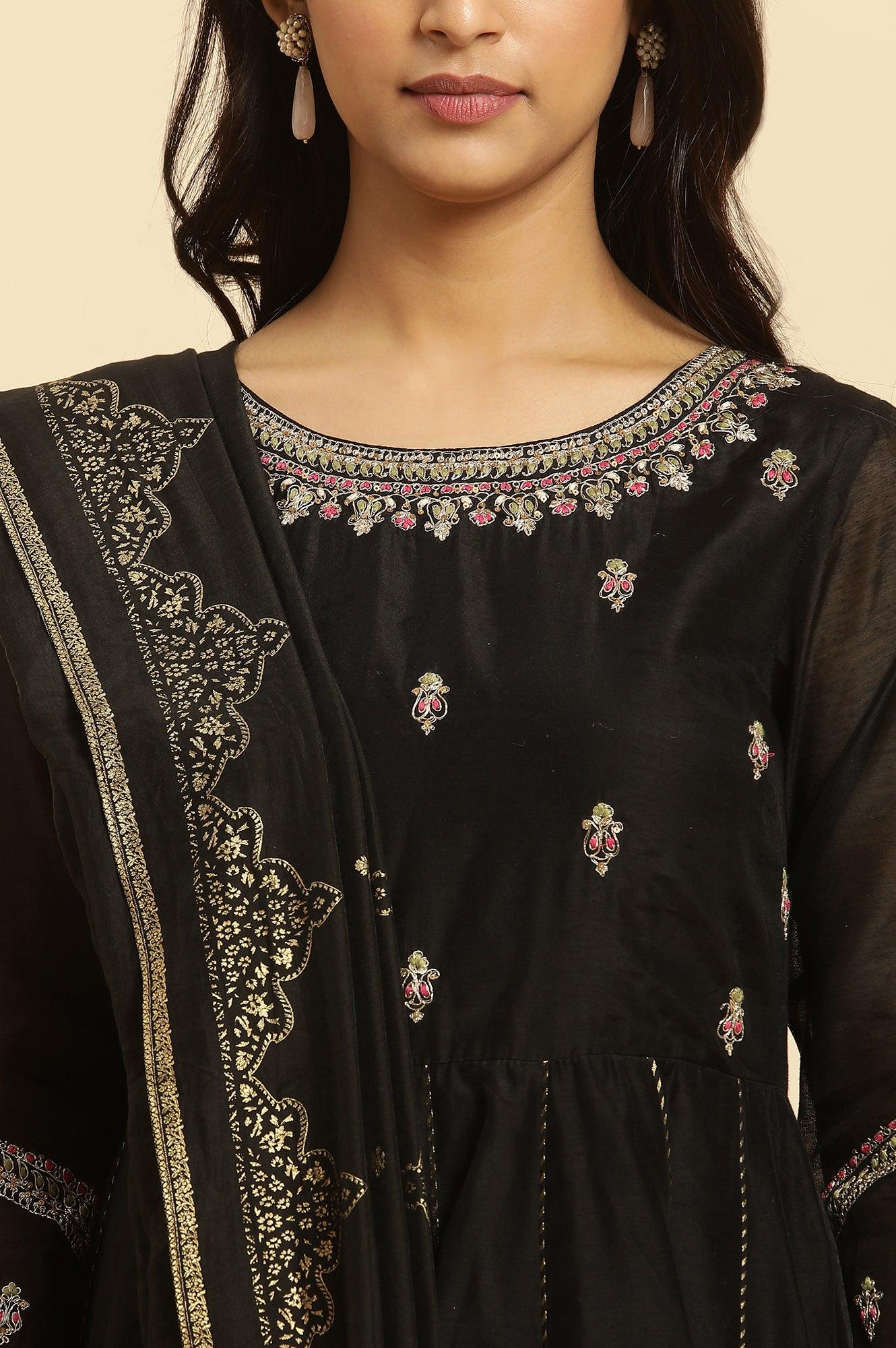 Black Flared Metallic Embroidered Kurta, Pants And Dupatta Set - Image 7