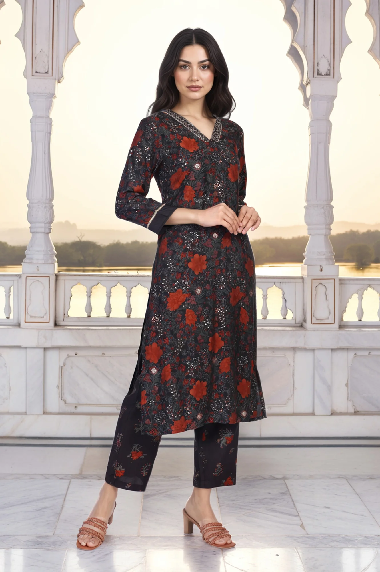 Black Floral Embroidered Straight Crape Kurta - Image 4