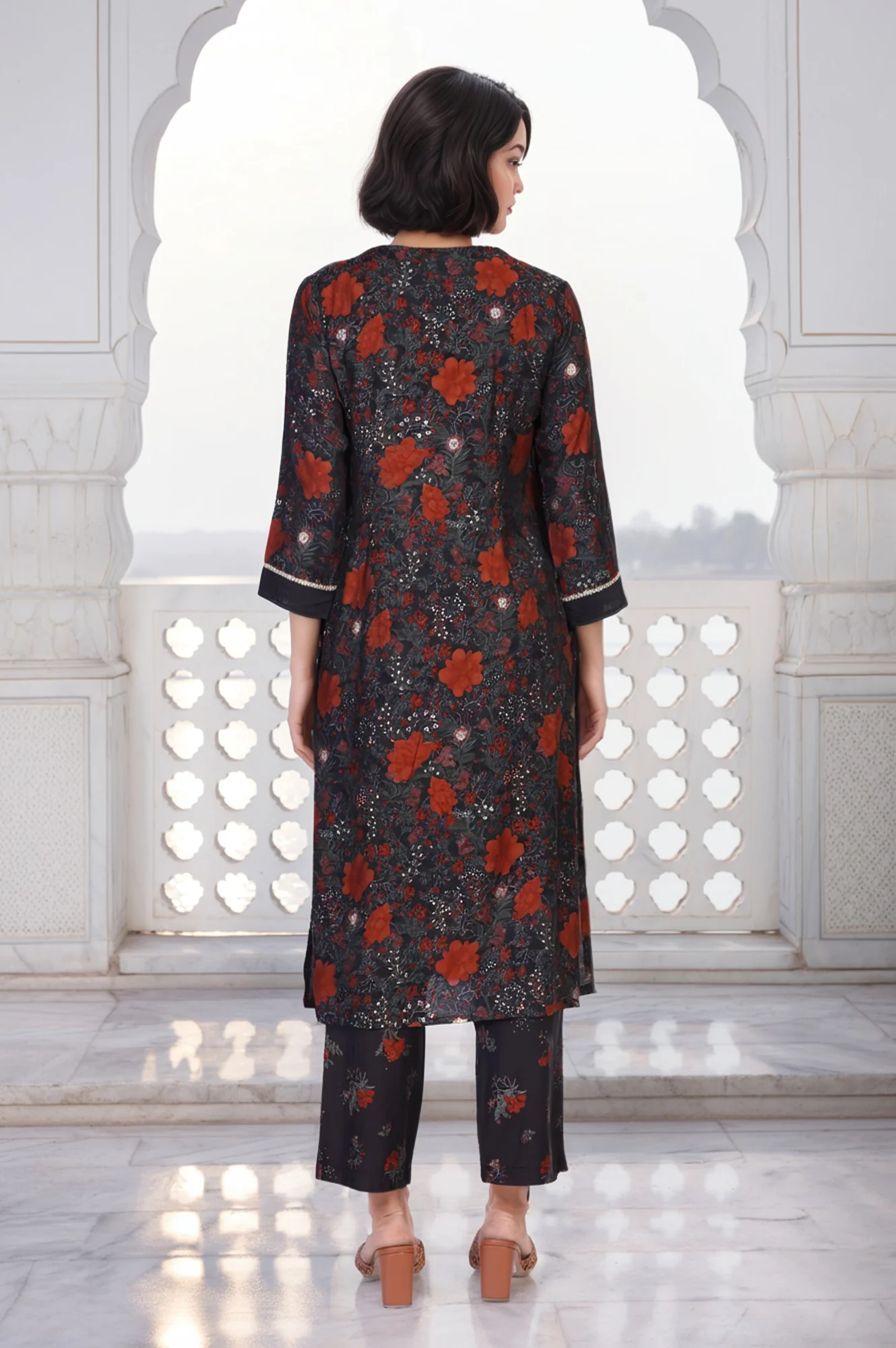 Black Floral Embroidered Straight Crape Kurta - Image 5