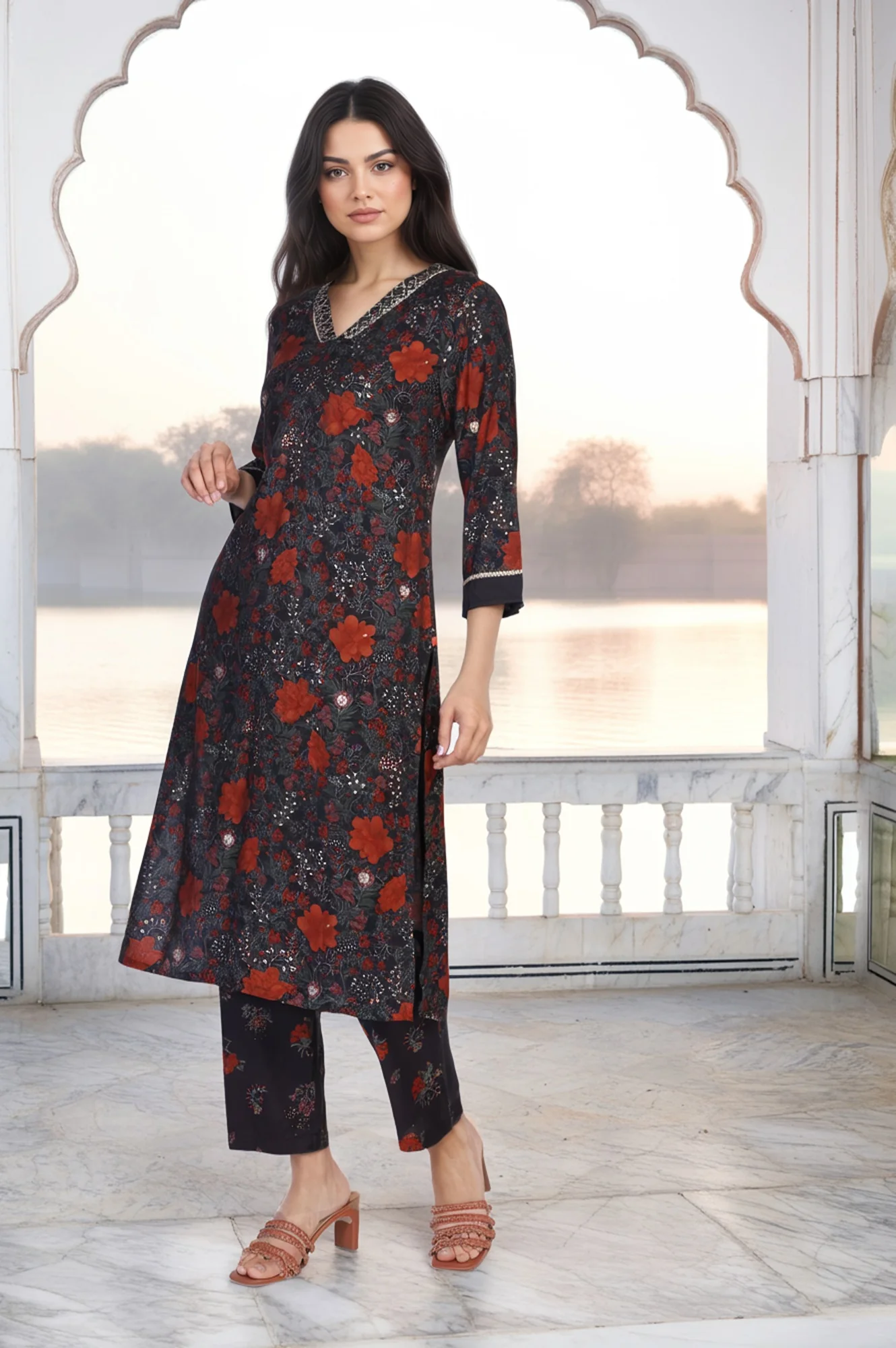 Black Floral Embroidered Straight Crape Kurta - Image 6