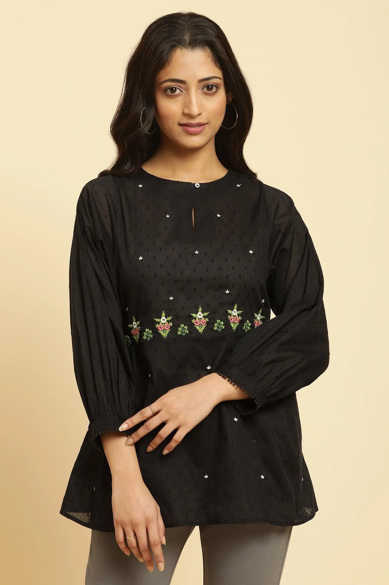Black Floral Embroidered Western Straight Top - Image 2