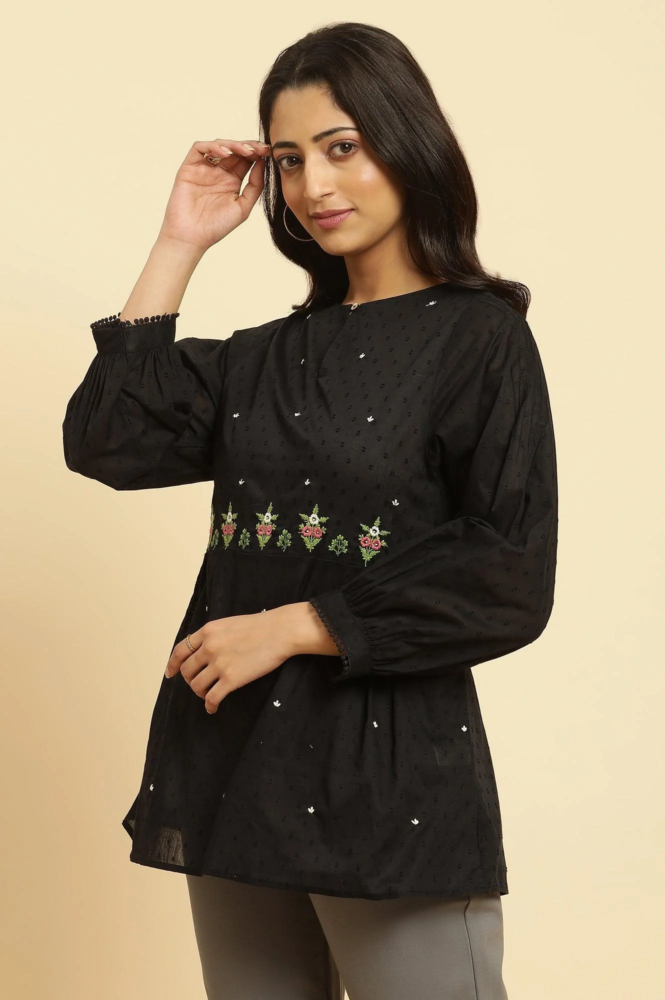 Black Floral Embroidered Western Straight Top - Image 3