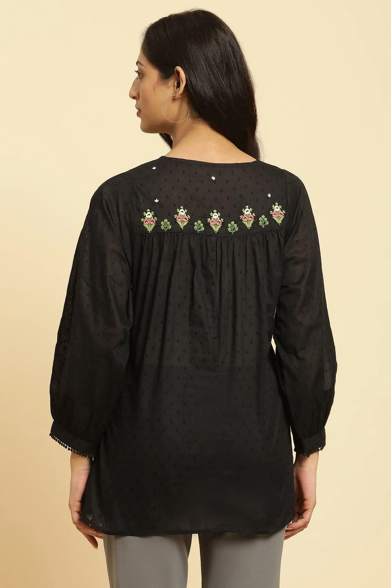 Black Floral Embroidered Western Straight Top - Image 4