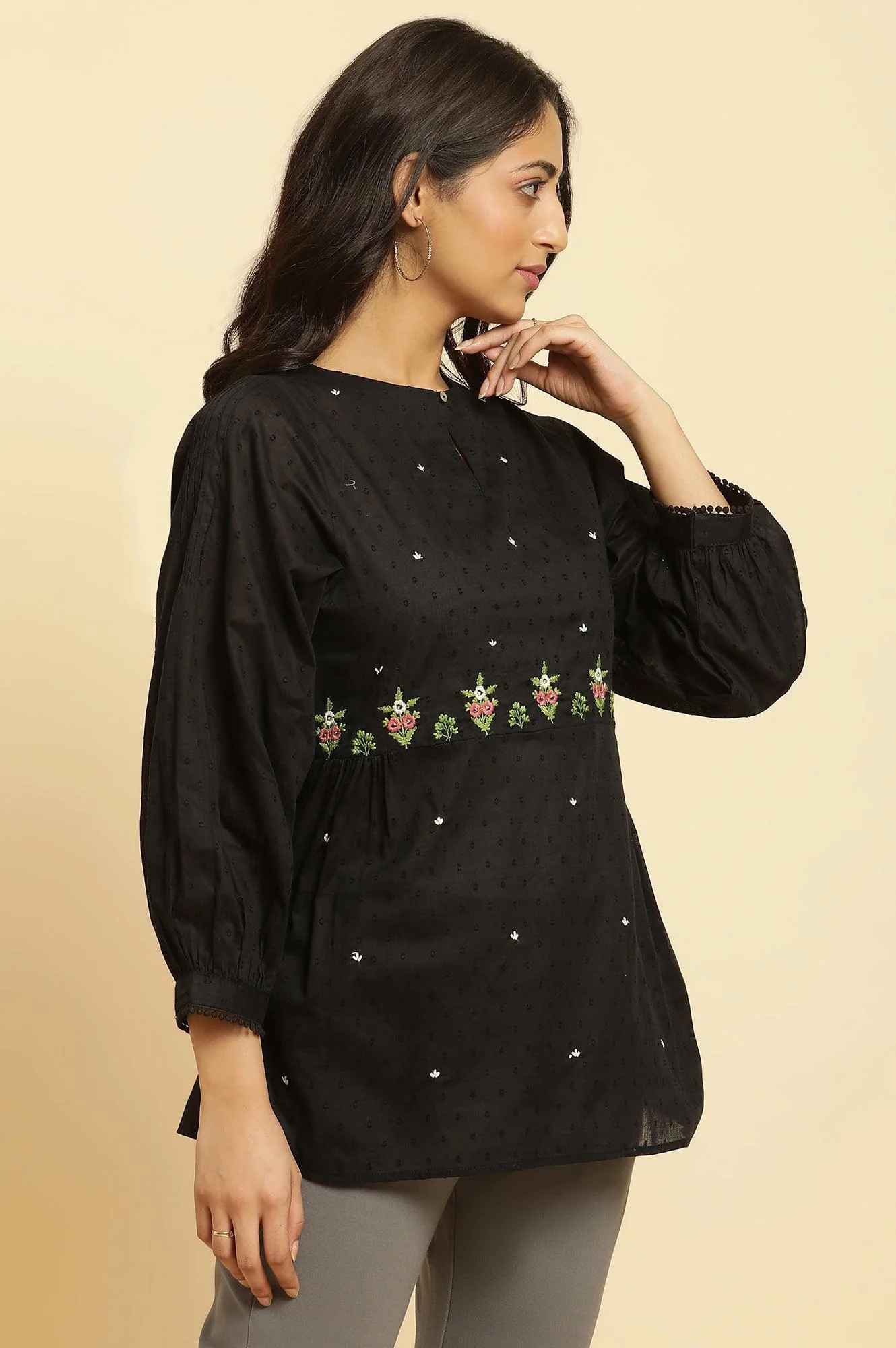 Black Floral Embroidered Western Straight Top - Image 5