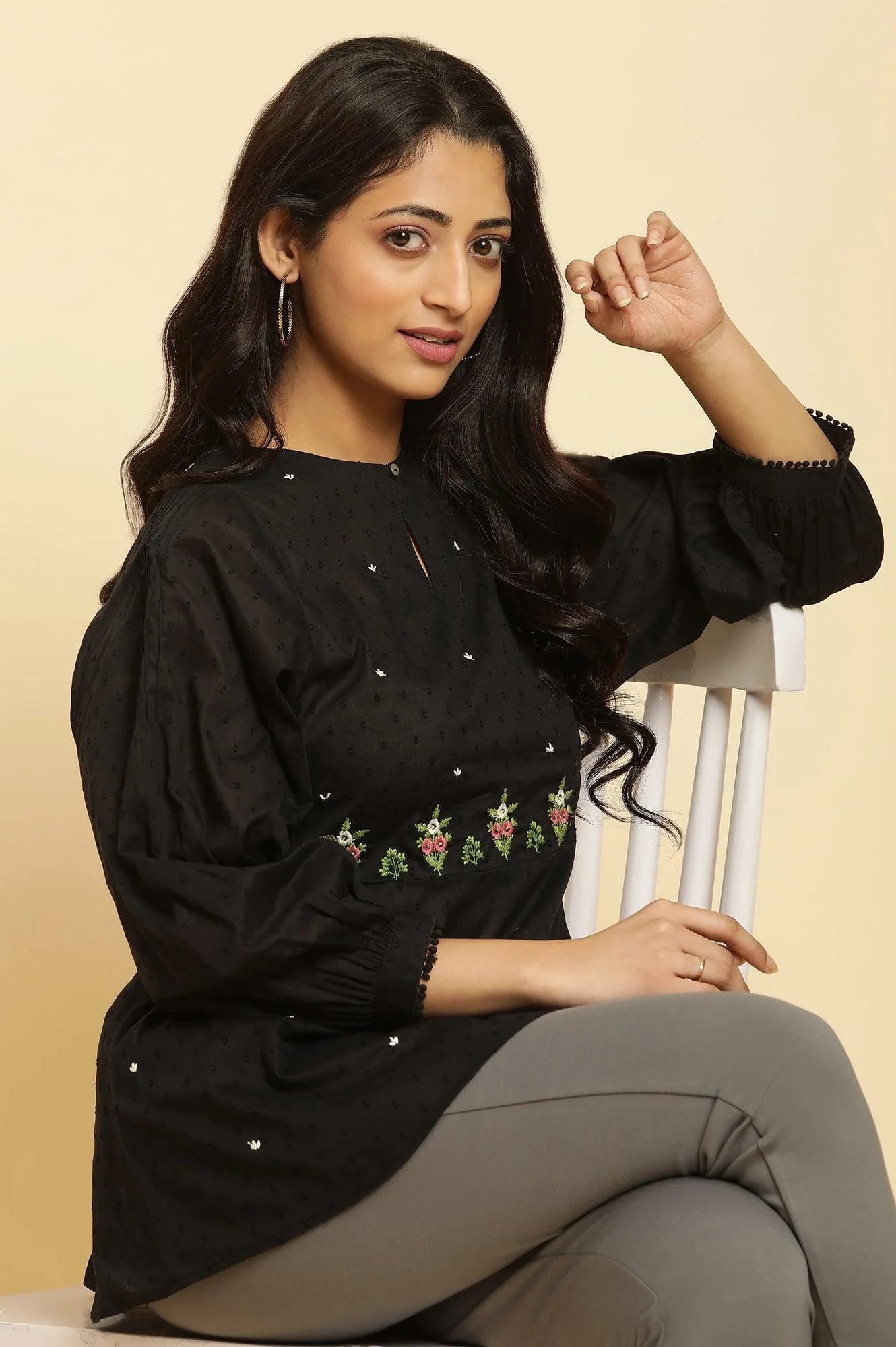 Black Floral Embroidered Western Straight Top - Image 6