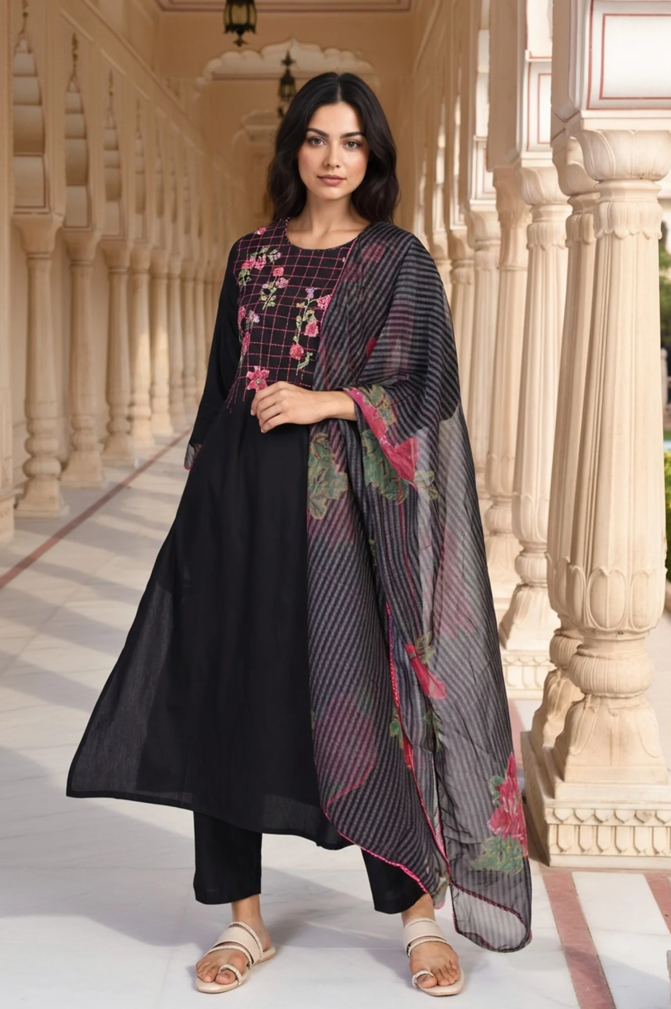 Black Floral Print Embroidered Straight Kurta with Pant and Dupatta Set - Image 2