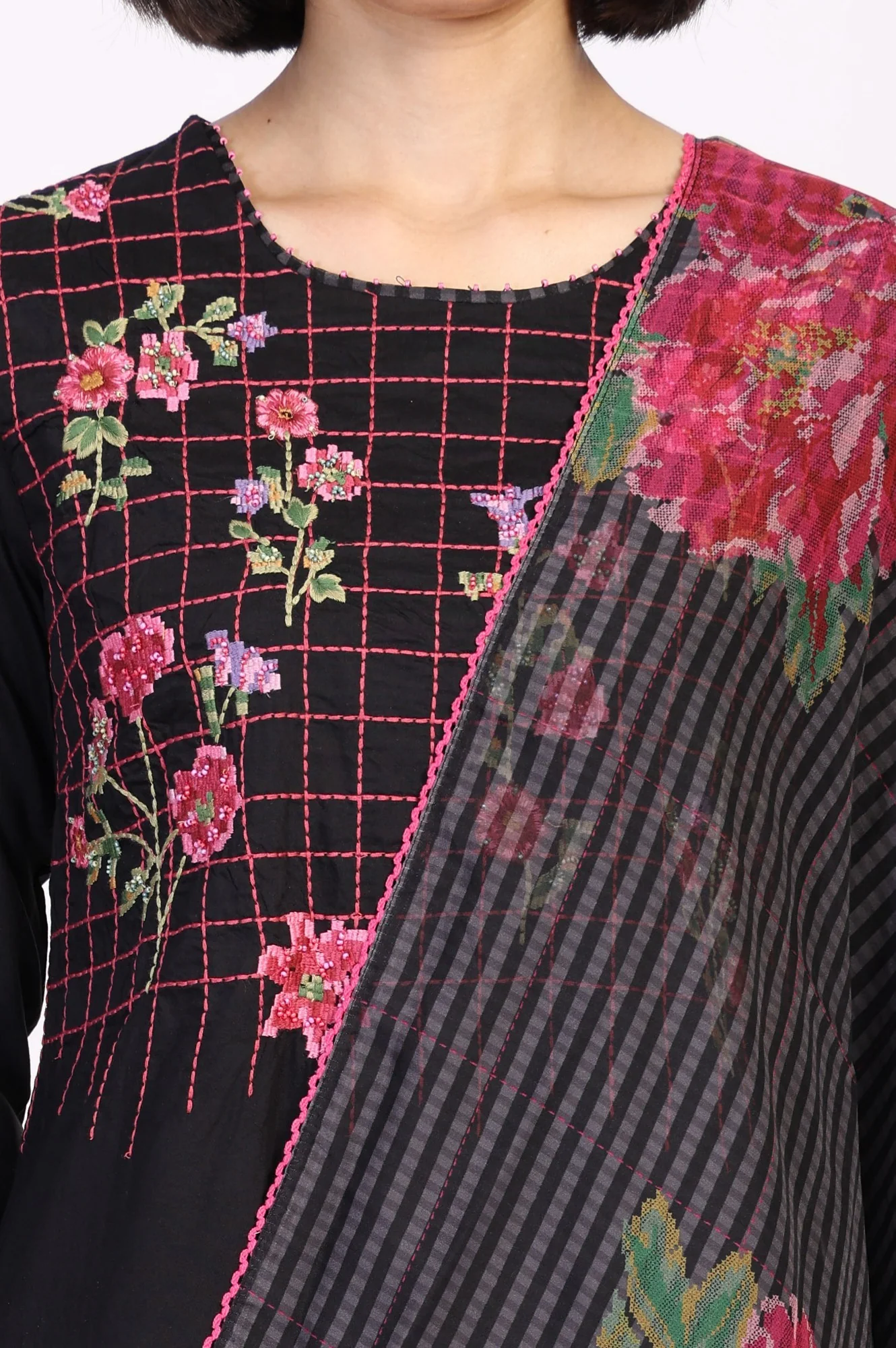 Black Floral Print Embroidered Straight Kurta with Pant and Dupatta Set - Image 3