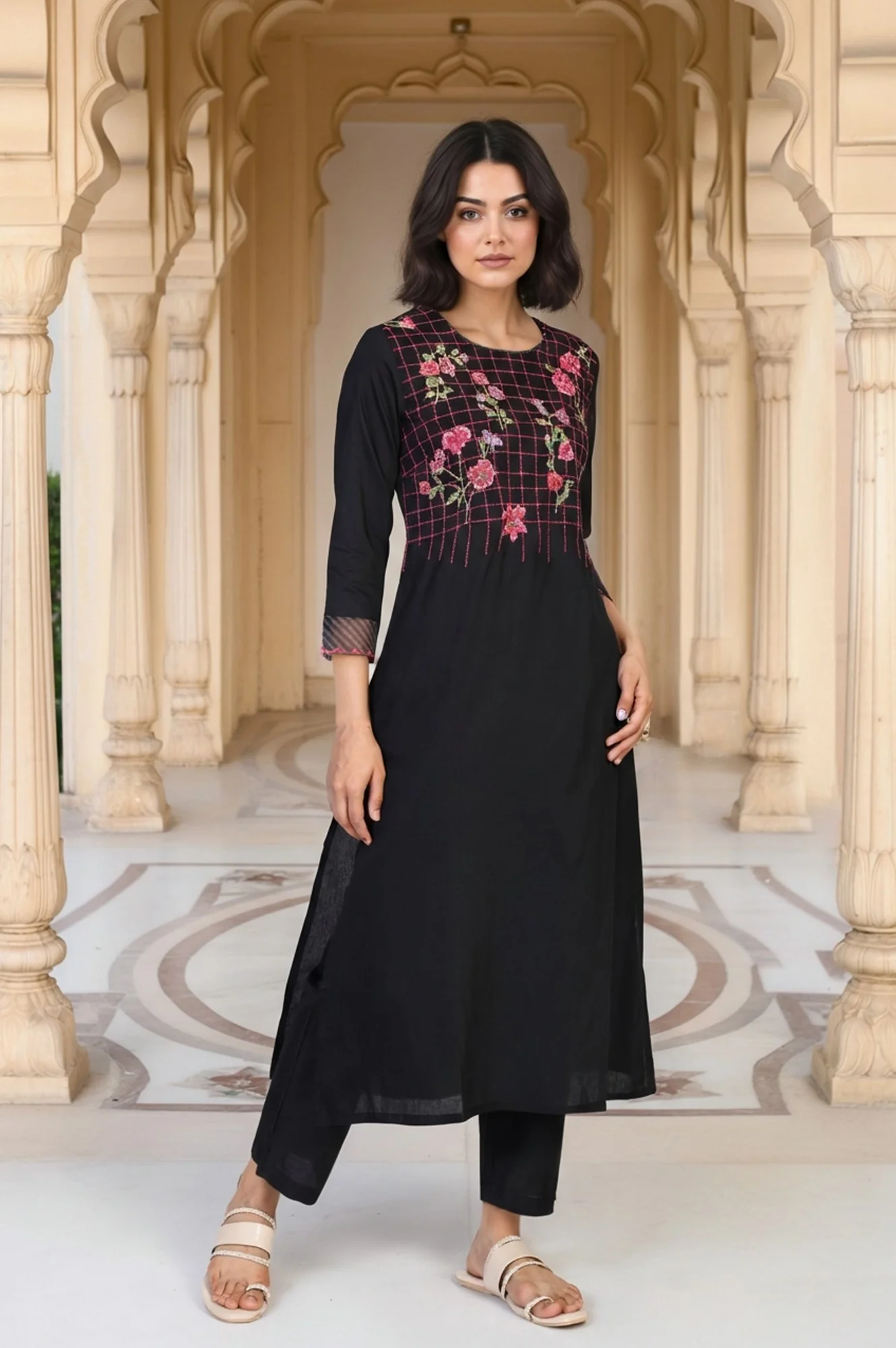 Black Floral Print Embroidered Straight Kurta with Pant and Dupatta Set - Image 4