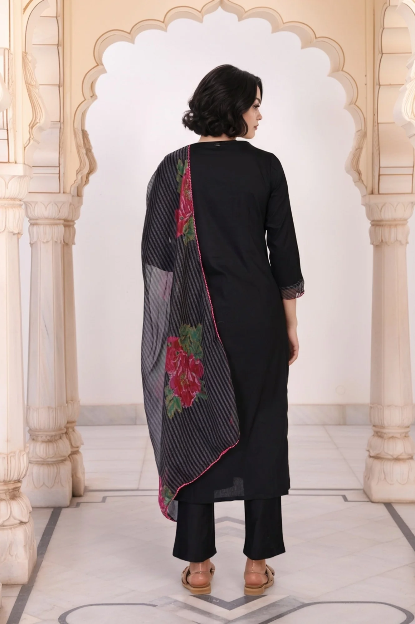 Black Floral Print Embroidered Straight Kurta with Pant and Dupatta Set - Image 5