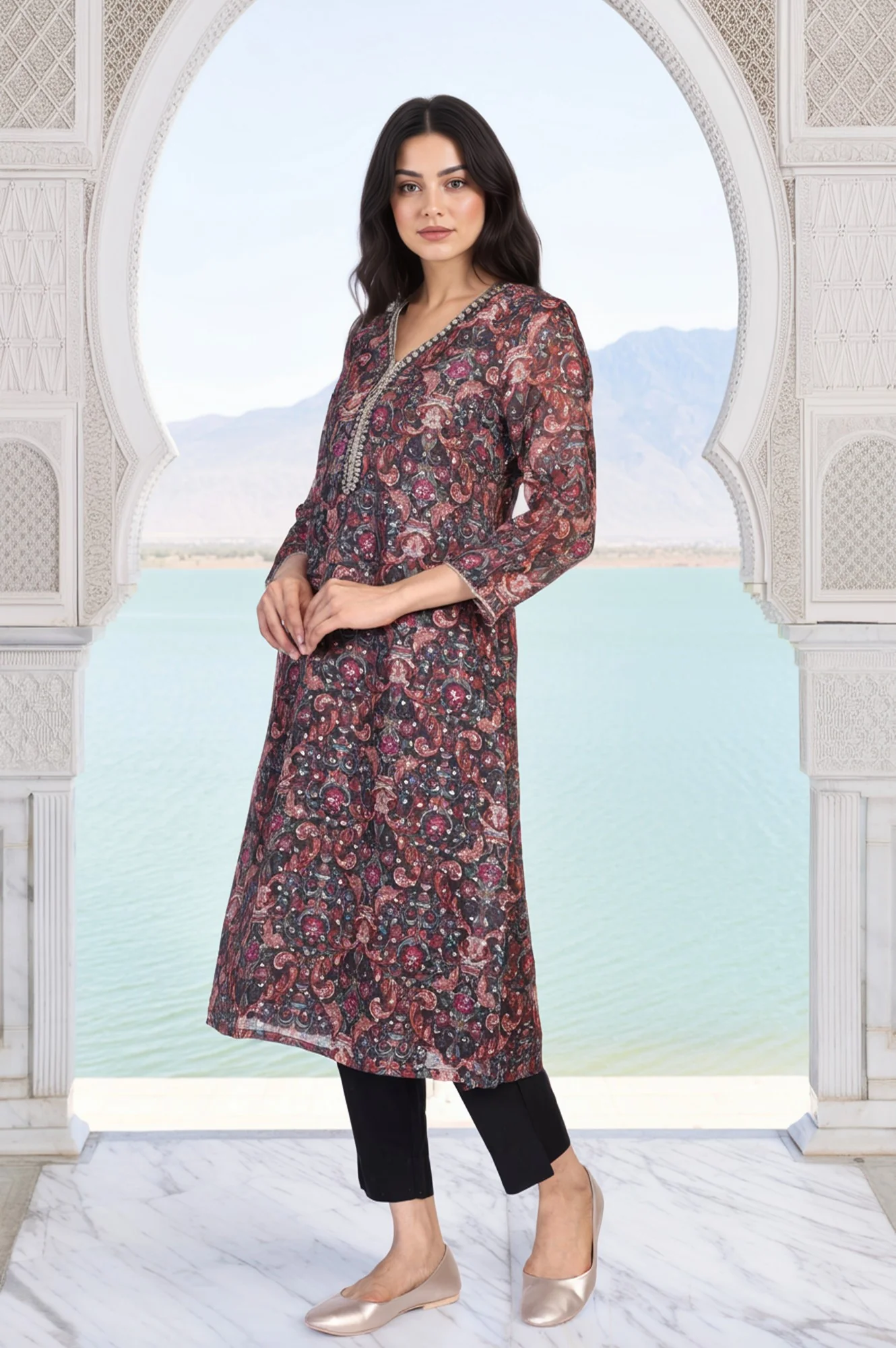 Black Floral Print Metallic Embroidery Straight Kota Kurta - Image 6