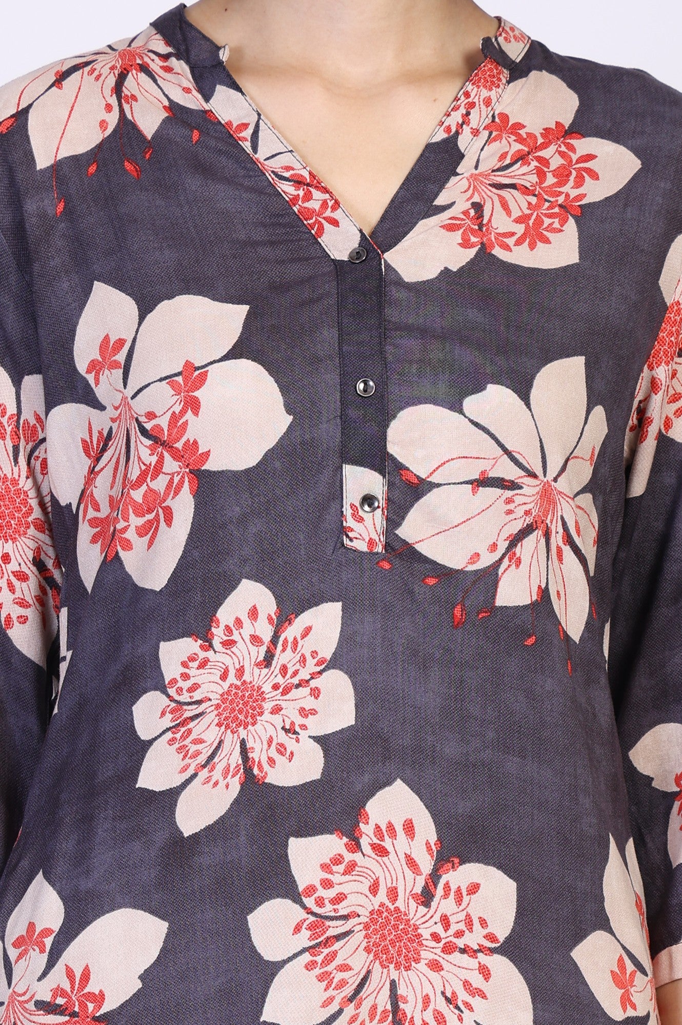 Black Floral Print Thread Work Straight Rayon Kurta - Image 3