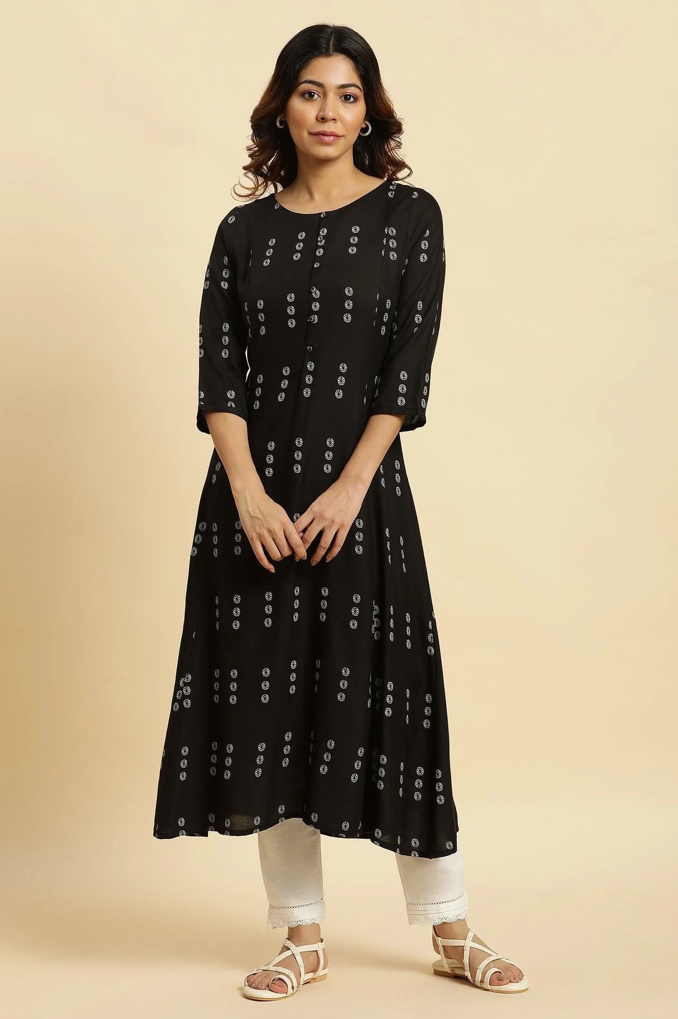 Black Floral Printed A-Line Kurta - Image 2