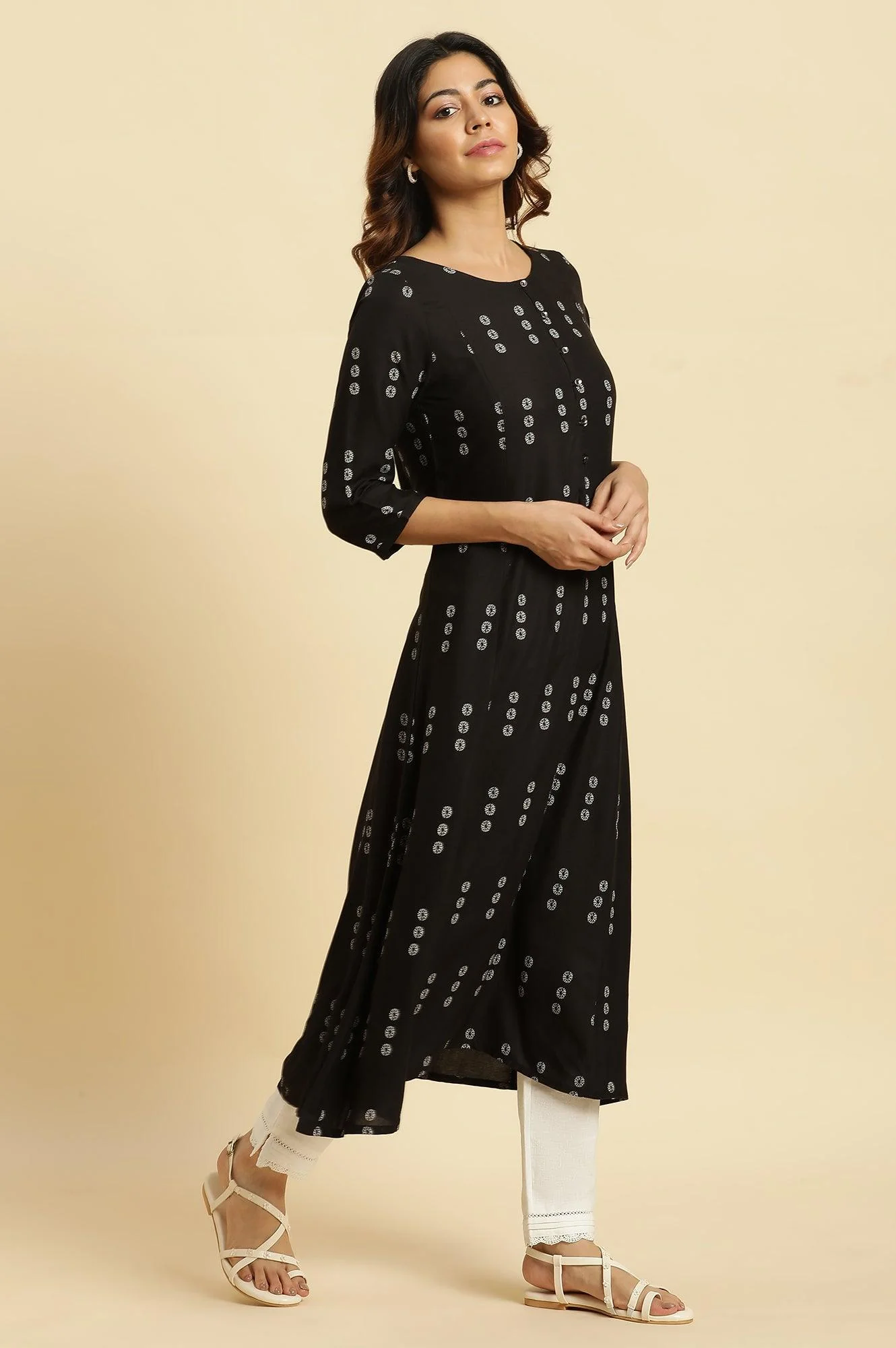 Black Floral Printed A-Line Kurta - Image 5