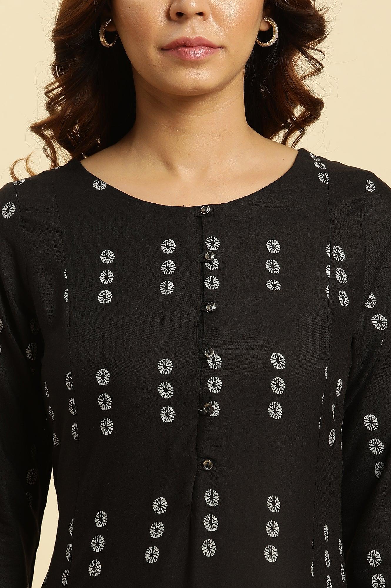 Black Floral Printed A-Line Kurta - Image 6