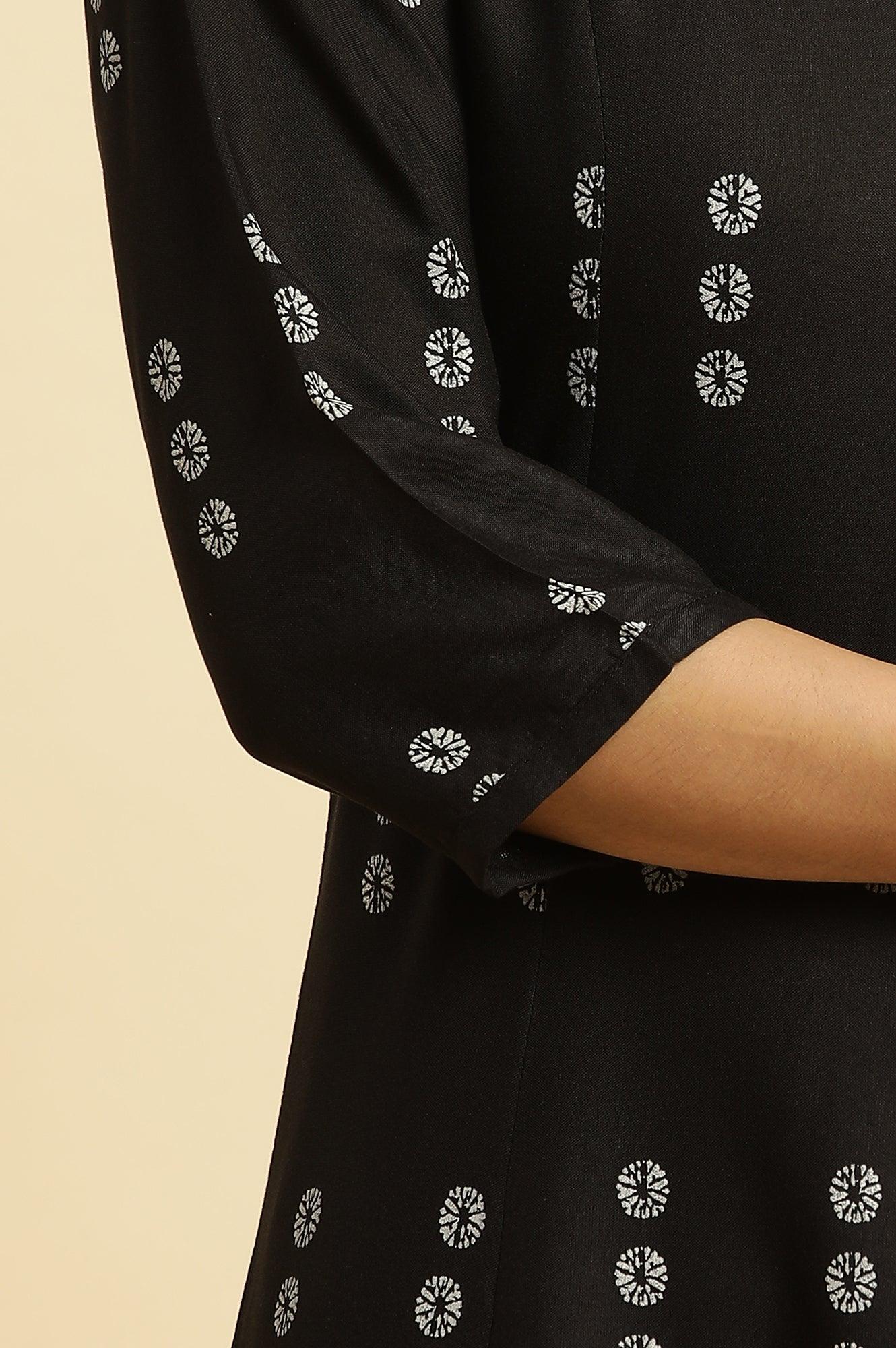 Black Floral Printed A-Line Kurta - Image 7