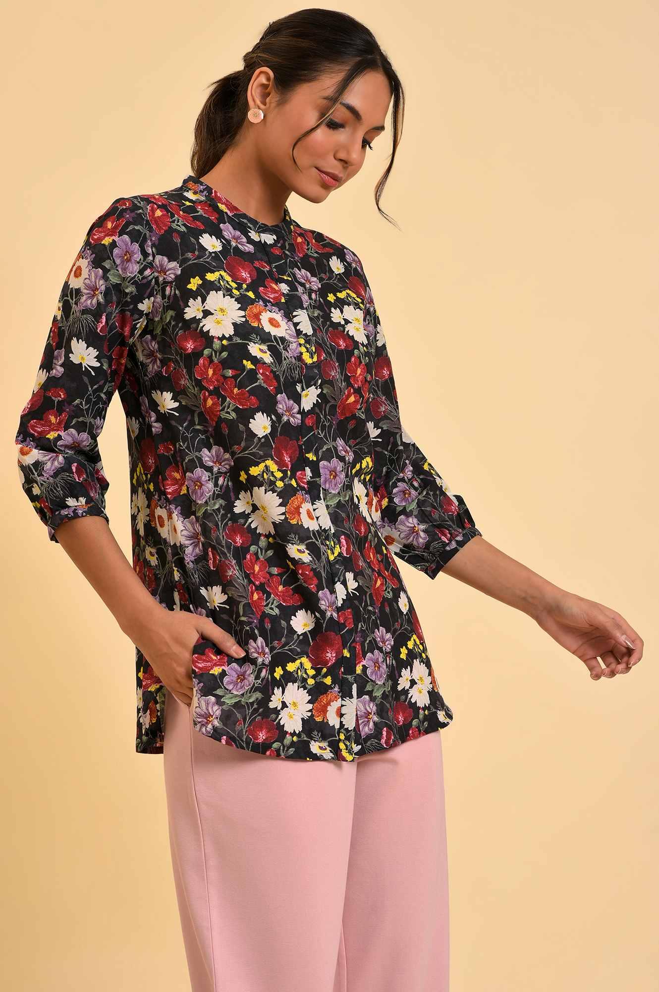 Black Floral Printed Button Down Top - Image 4