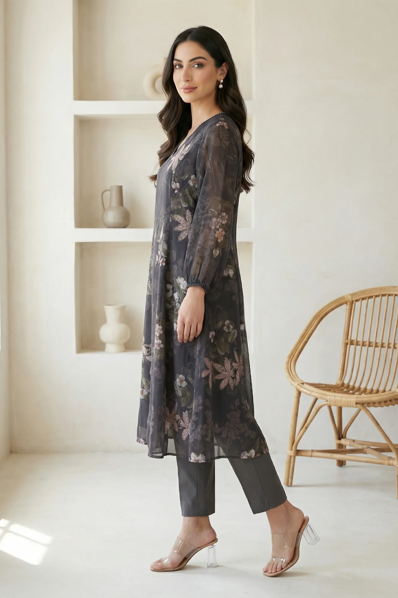 Black Floral Printed Chiffon Straight Kurta - Image 6