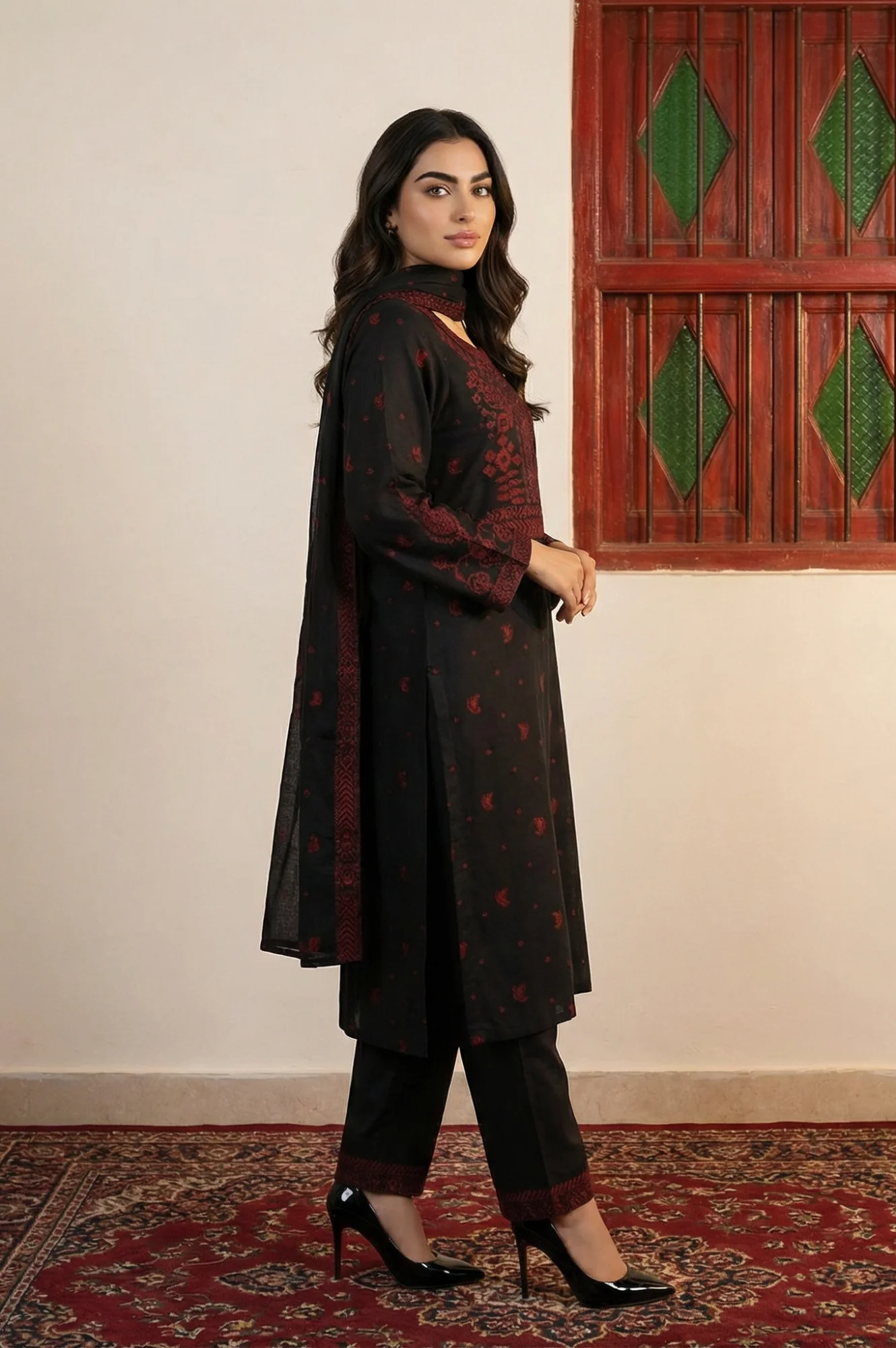 Black Floral Printed Jacquard Straight Kurta with Pants and Dupatta Set - Image 3