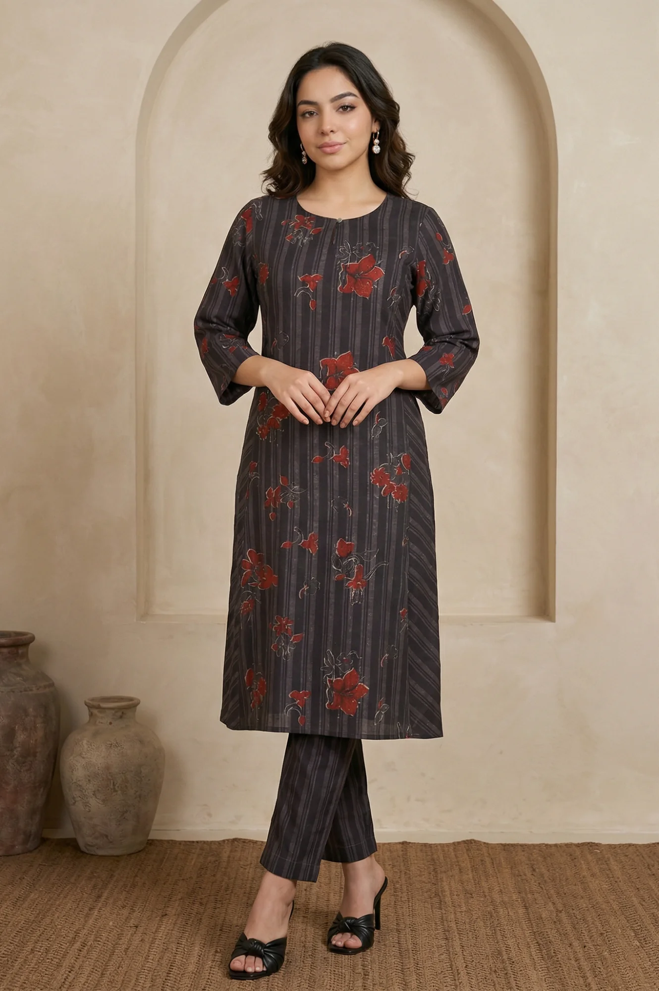 Black Floral Printed Crepe Straight Kurta