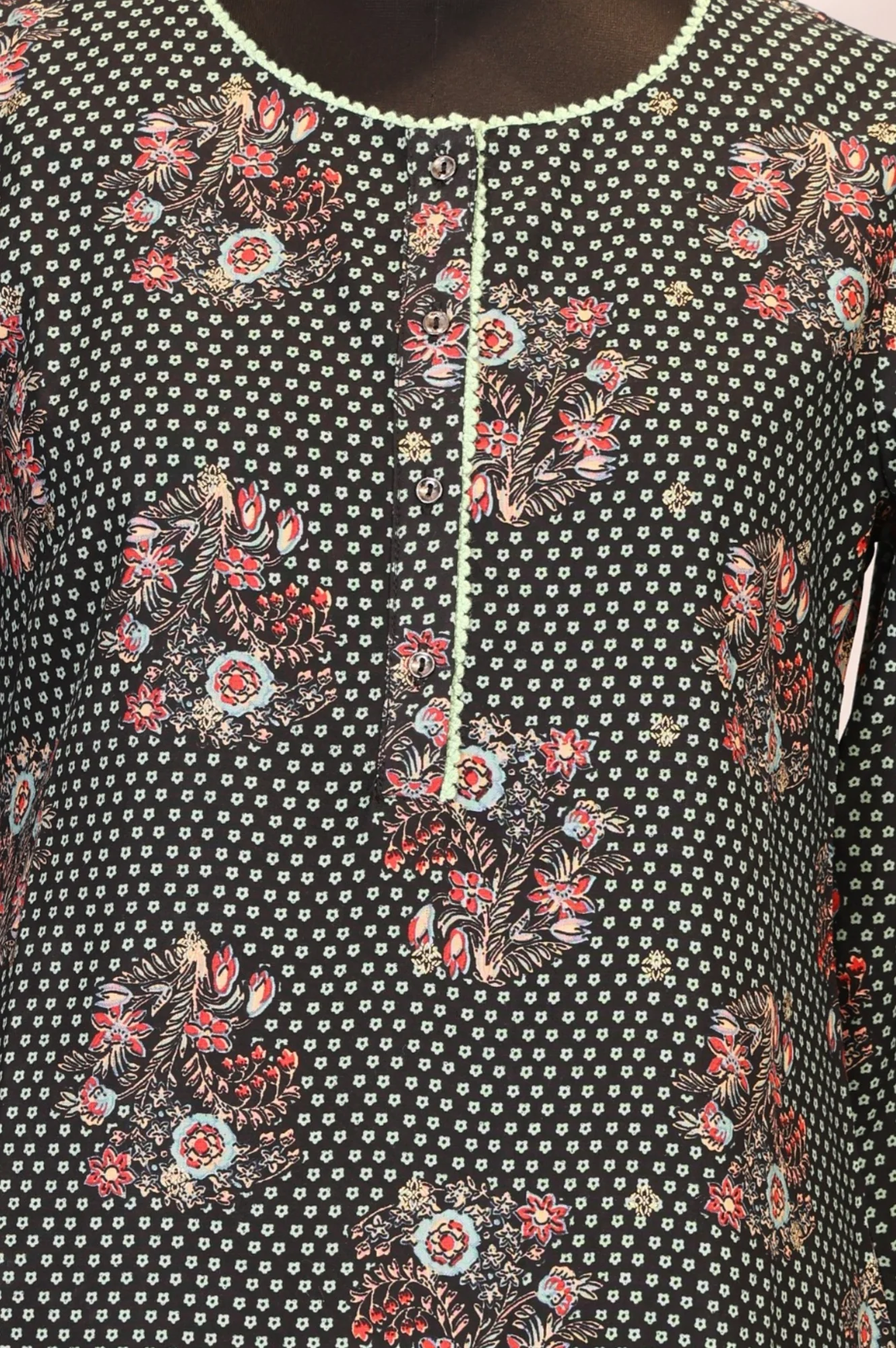 Black Floral Printed Rayon Straight Kurta - Image 2