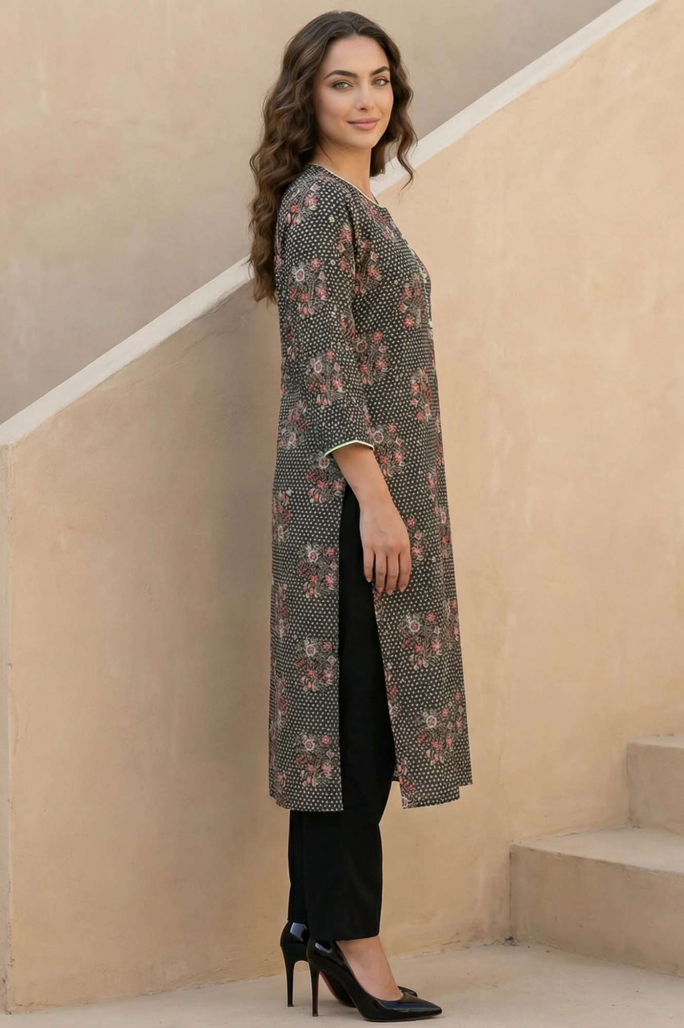 Black Floral Printed Rayon Straight Kurta - Image 3