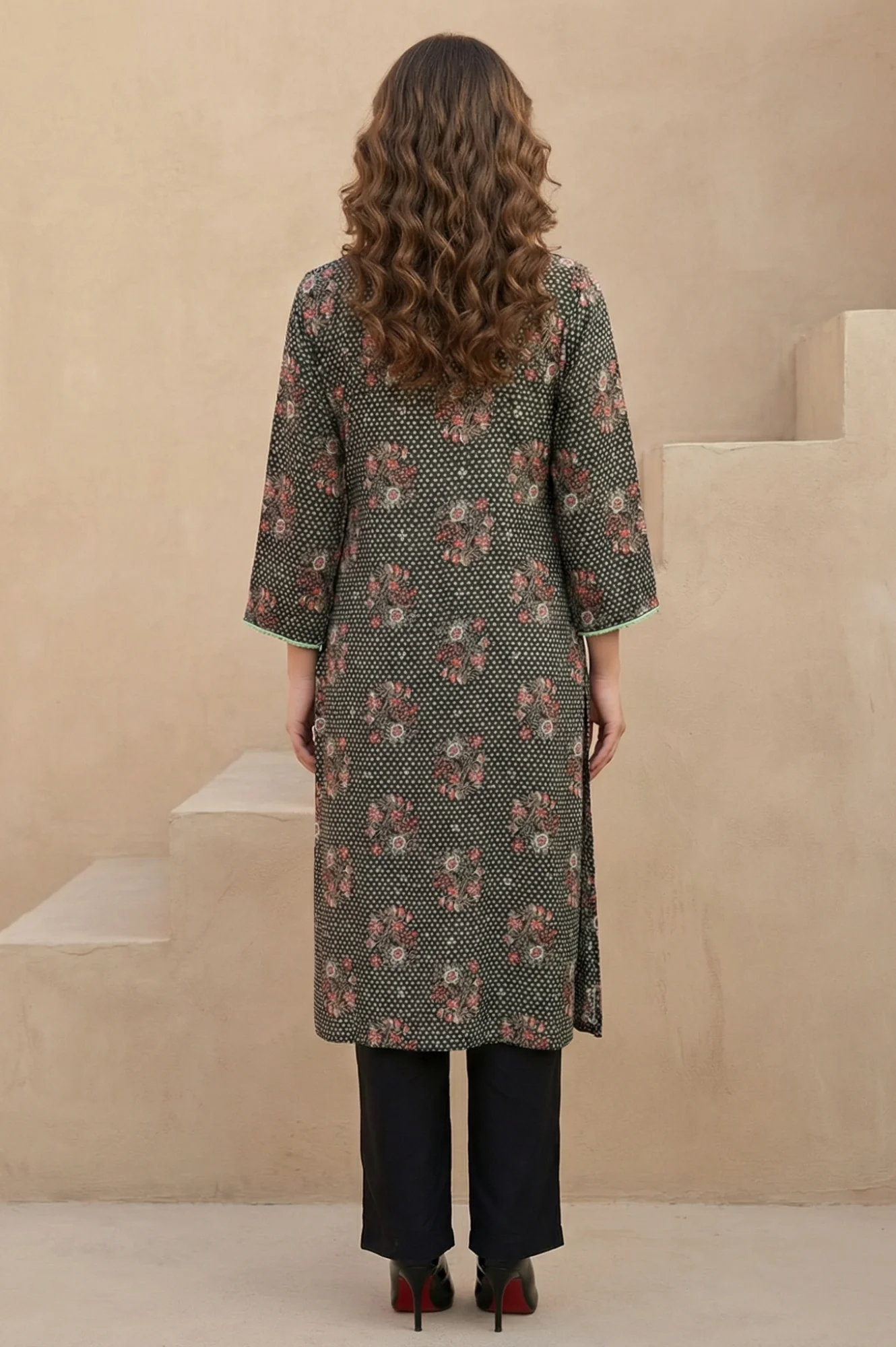 Black Floral Printed Rayon Straight Kurta - Image 4