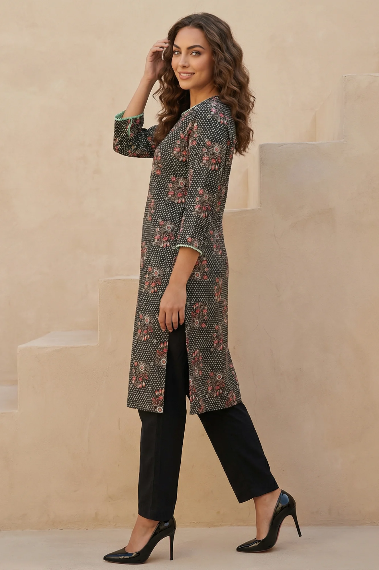Black Floral Printed Rayon Straight Kurta - Image 5