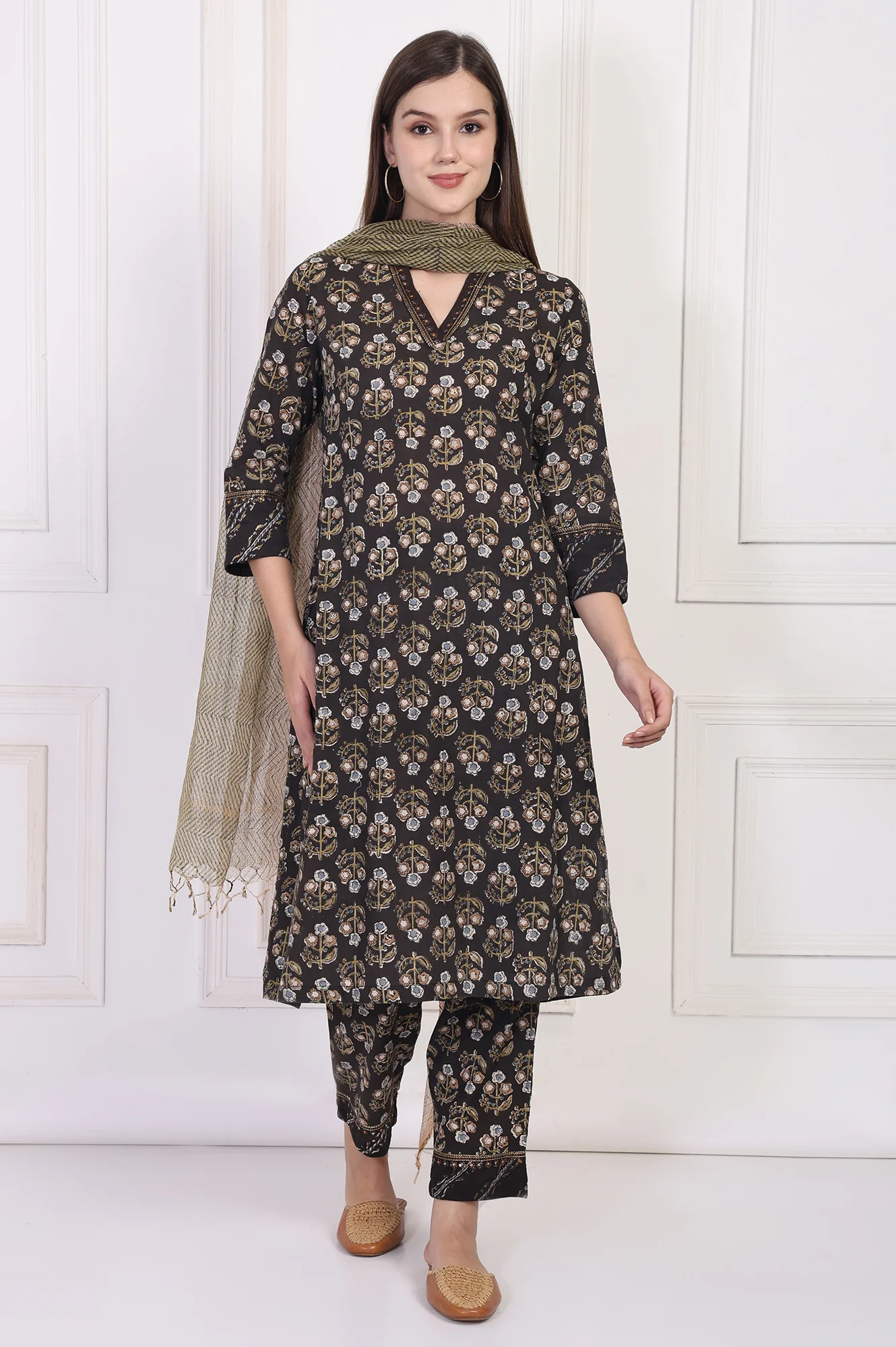 Black Floral Printed Embellished A-Line Cotton Kurta with Straight Pant and Dupatta Set - Image 2