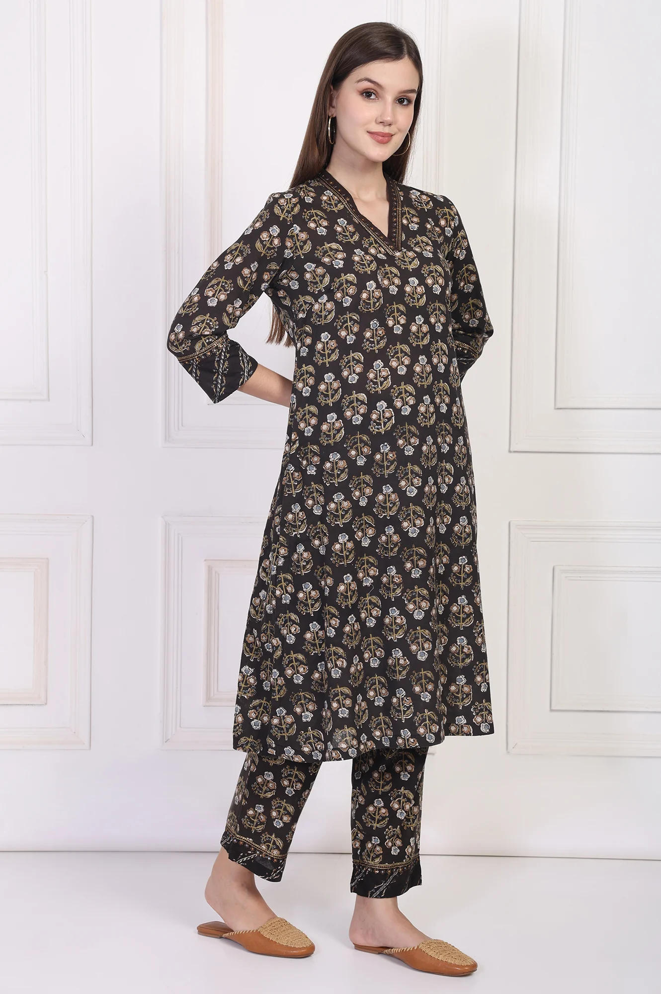 Black Floral Printed Embellished A-Line Cotton Kurta with Straight Pant and Dupatta Set - Image 6