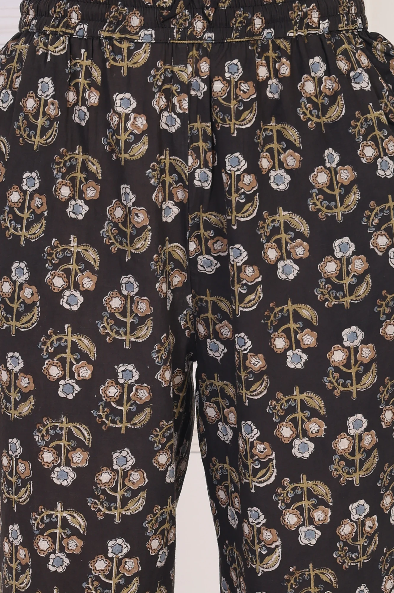 Black Floral Printed Embellished A-Line Cotton Kurta with Straight Pant and Dupatta Set - Image 8