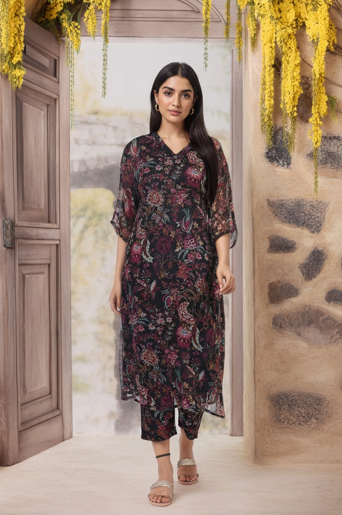 Black Floral Printed Embellished A-Line Georgette Kurta with Pant Set - Image 2