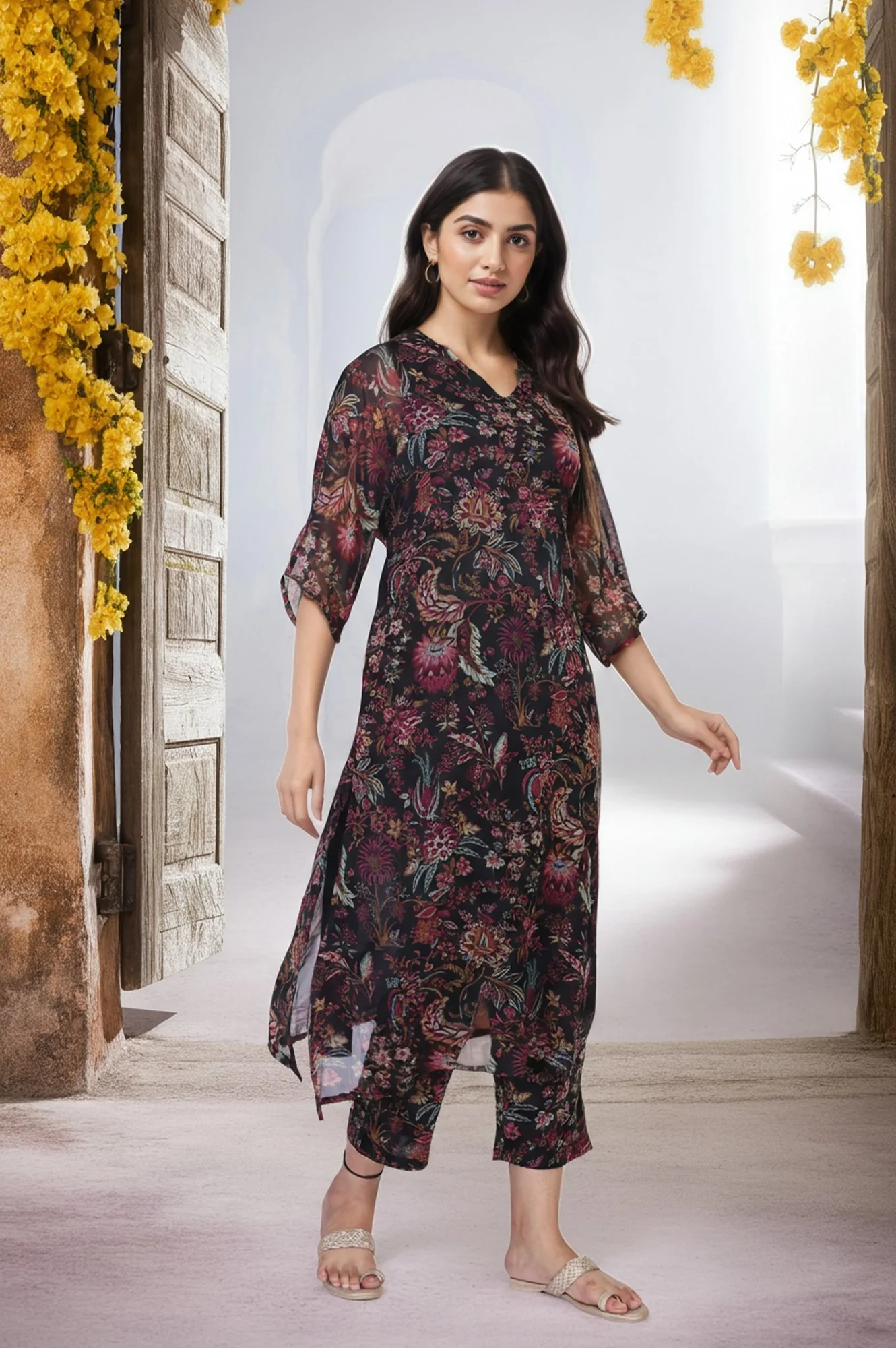 Black Floral Printed Embellished A-Line Georgette Kurta with Pant Set - Image 4