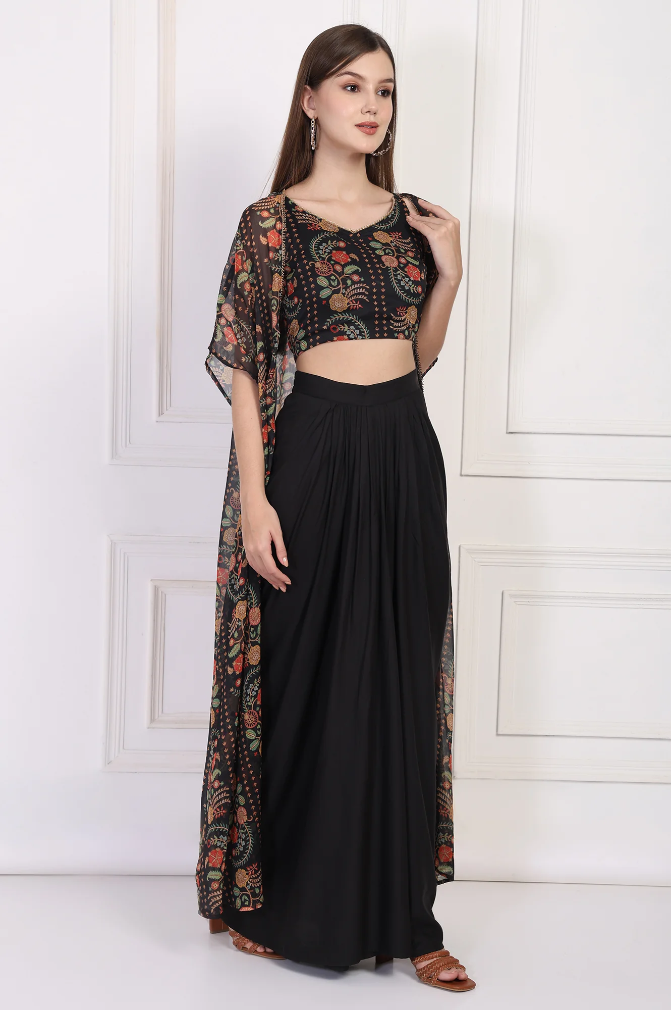 Black Floral Printed Embellished Georgette Crop Top with Cape and Skirt Set - Image 6