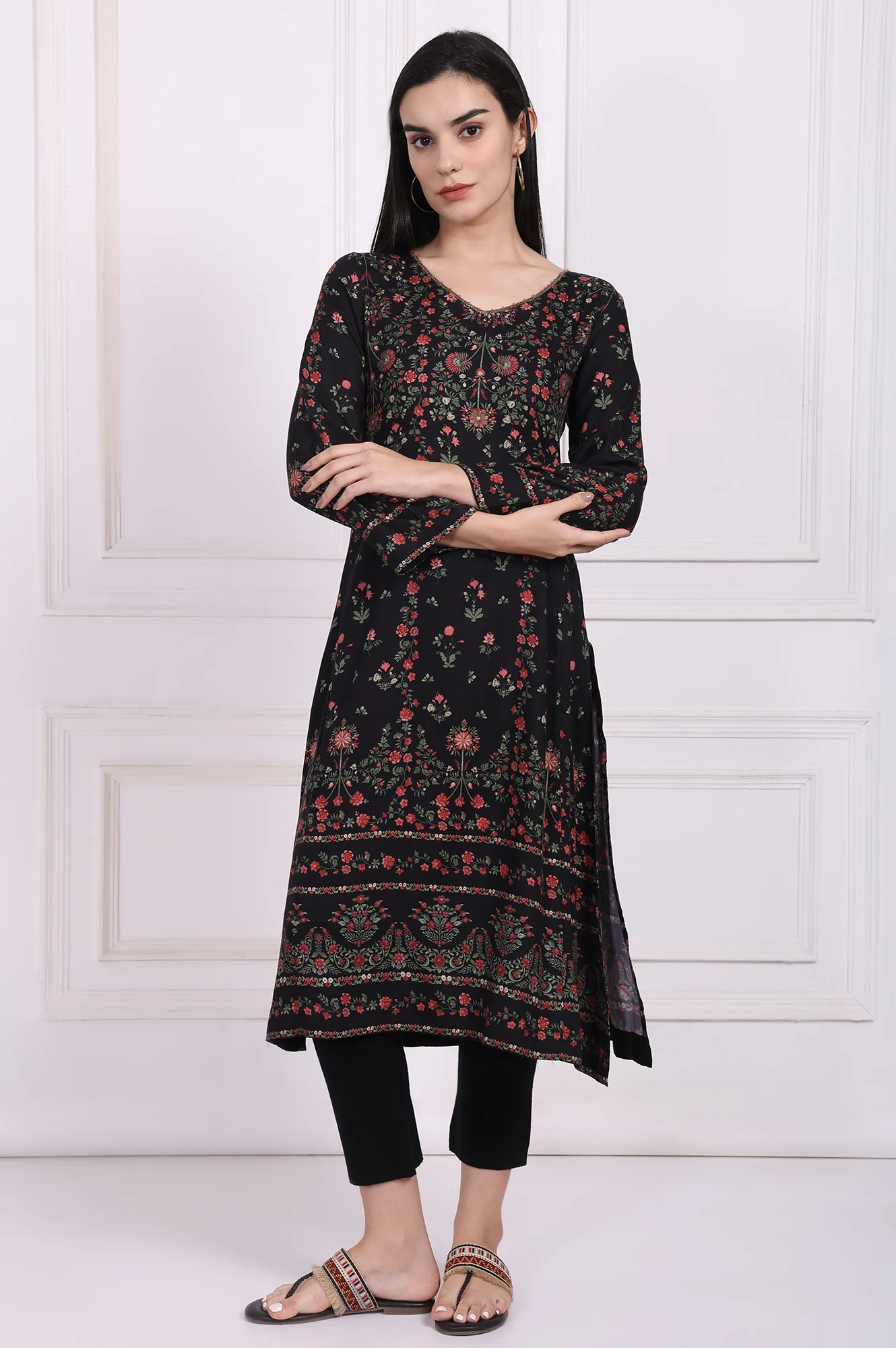 Black Floral Printed Embroidered Straight Kurta - Image 2
