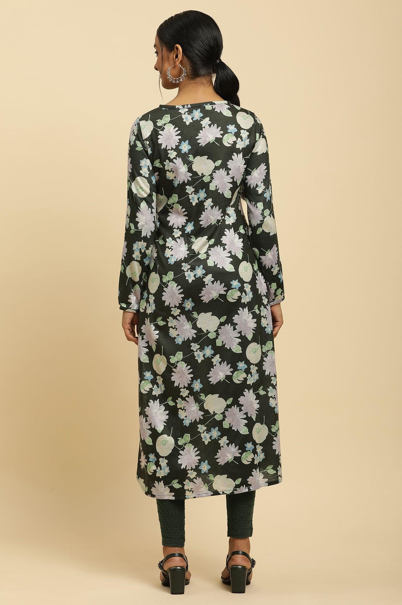 Black Floral Printed Embroidered Winter Kurta - Image 4
